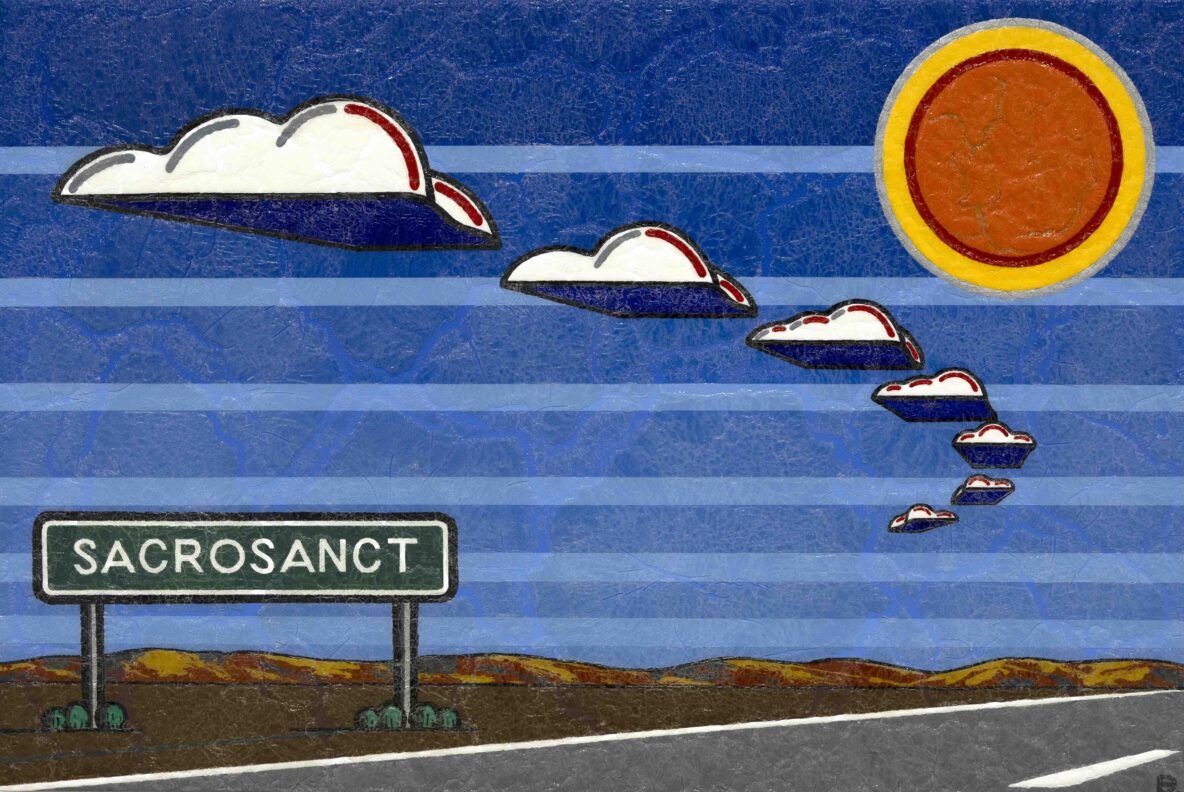 Roadside sign reading SACROSANCT with a blue striped sky and stylized flying clouds in the background.