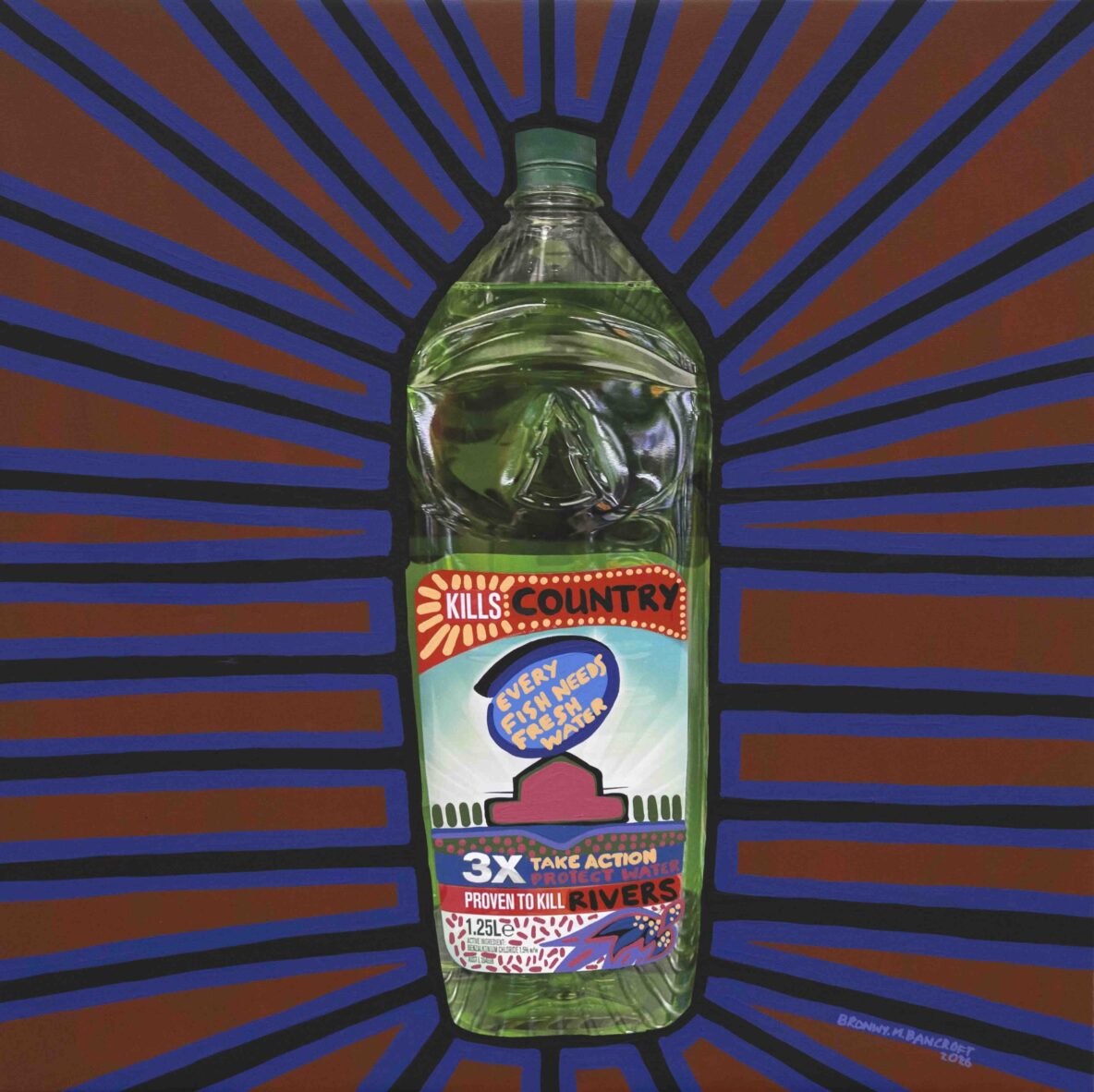 Plastic bottle with a bright, protest-style label about protecting rivers, set against a blue-and-orange radiating backdrop.