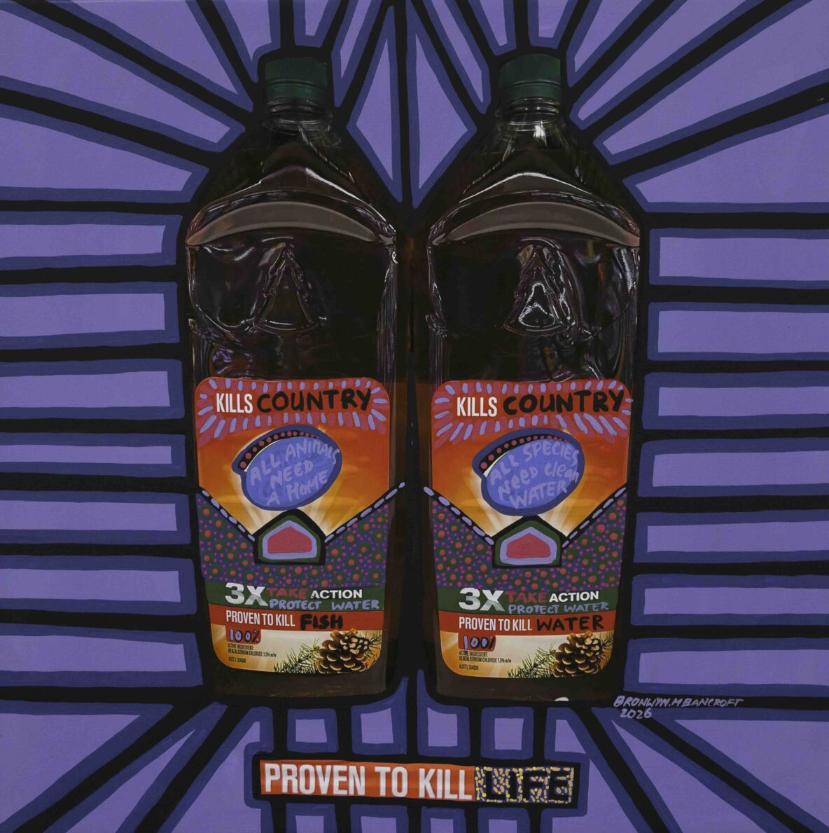Two brown glass bottles with orange labels reading 'Kills Country' stand side by side against a purple radiating background.