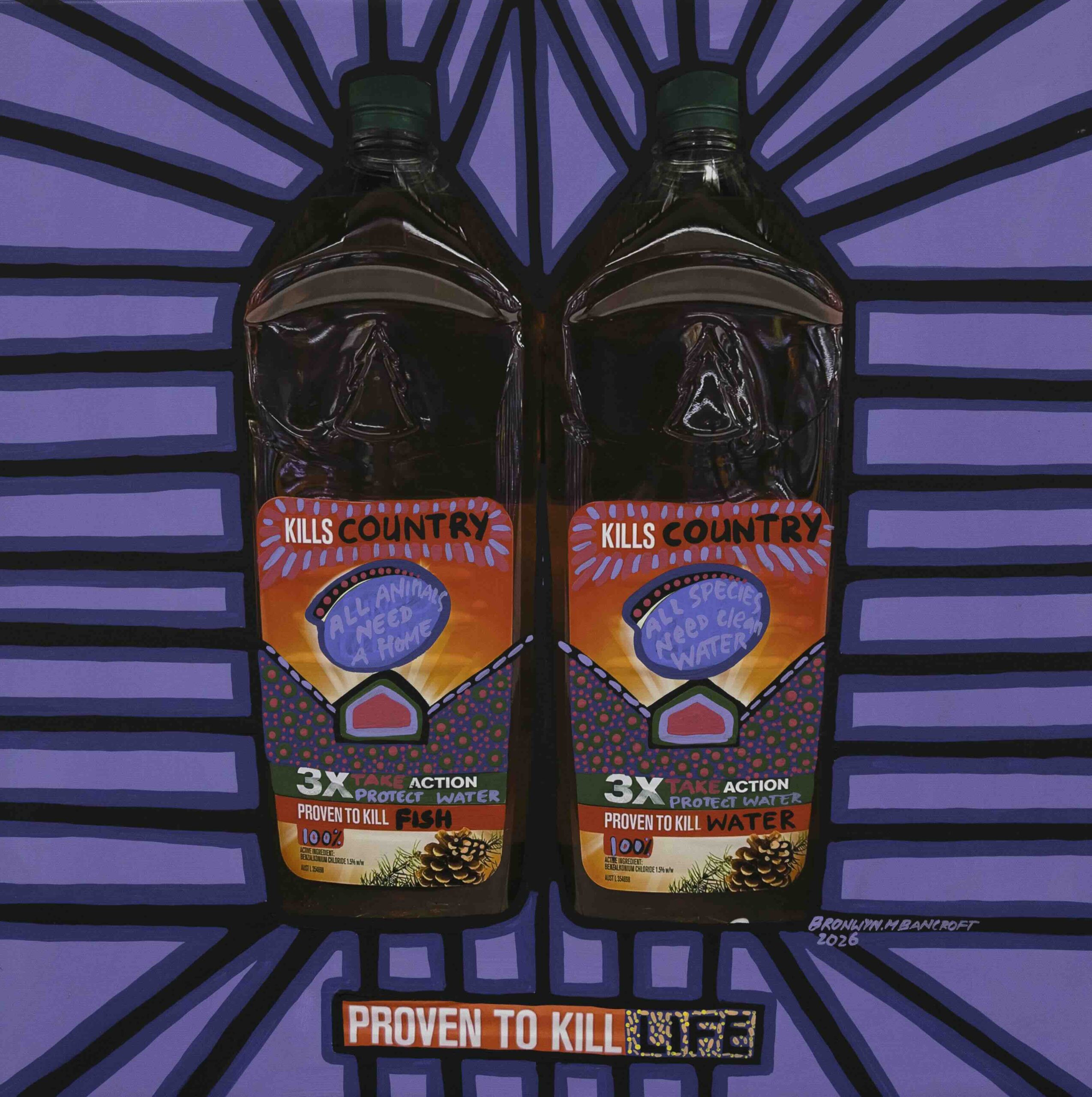 Two brown glass bottles with orange labels reading 'Kills Country' stand side by side against a purple radiating background.