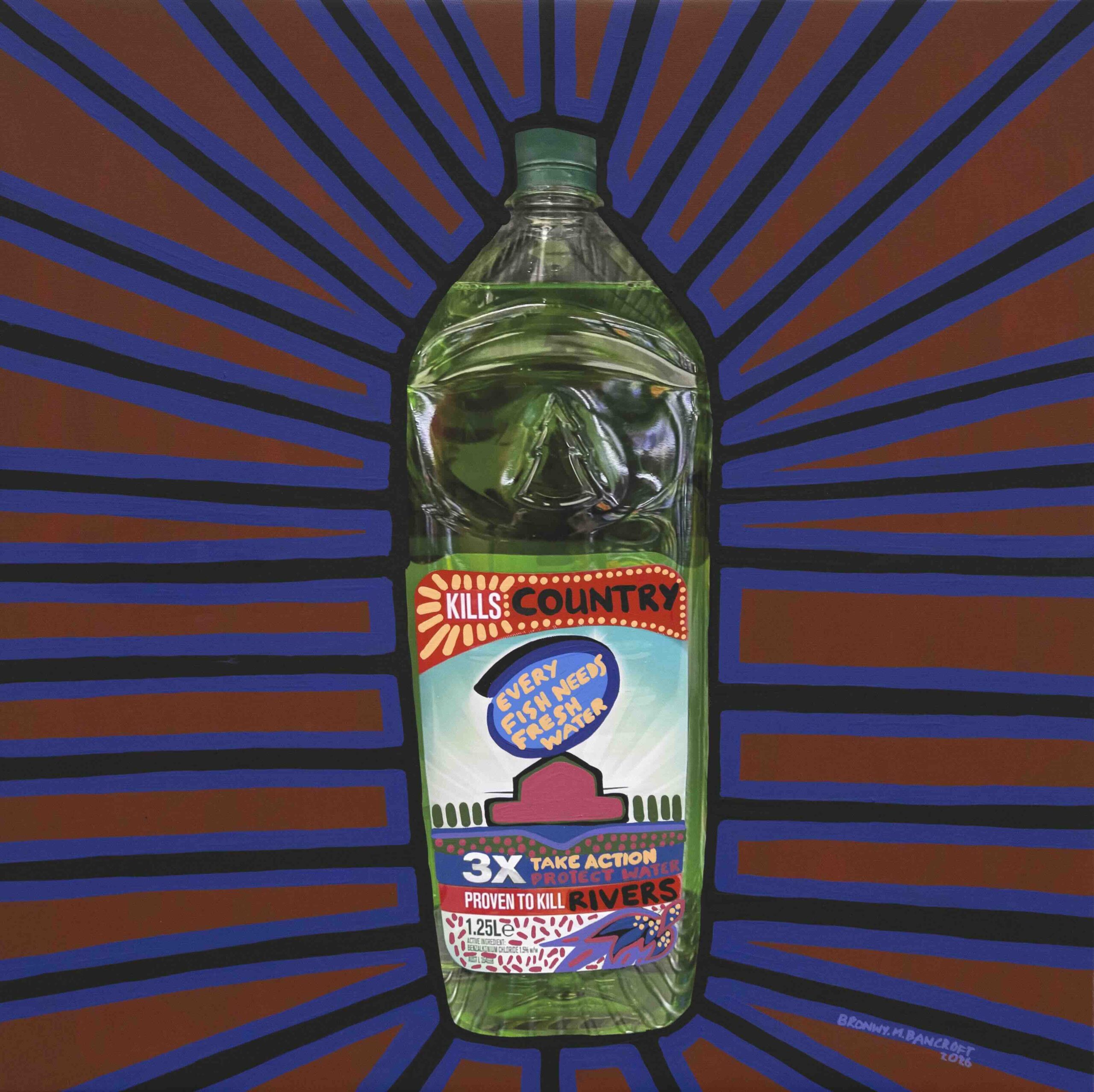 Plastic bottle with a bright, protest-style label about protecting rivers, set against a blue-and-orange radiating backdrop.
