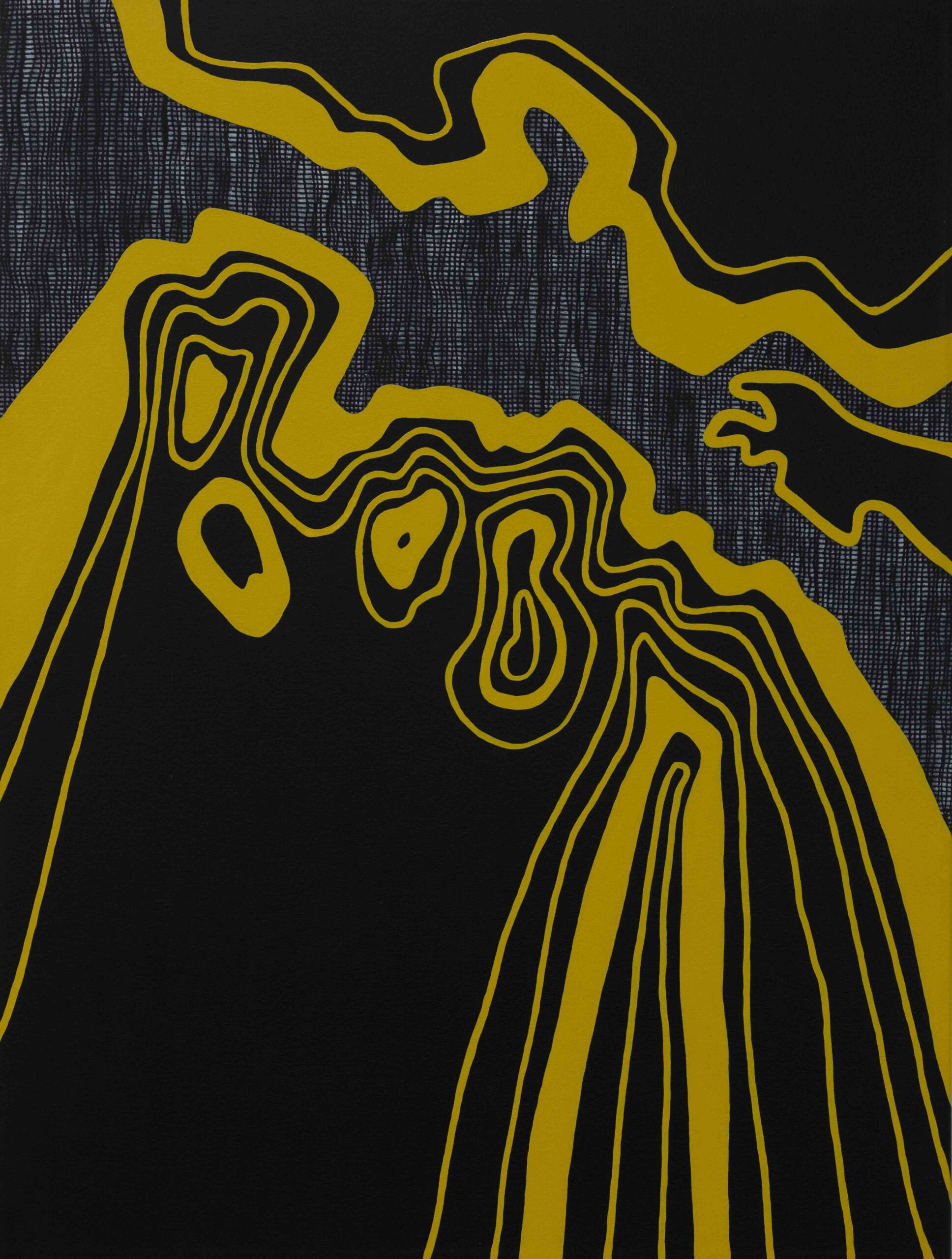 Abstract art: bold yellow contour lines winding over a dark, textured blue background.