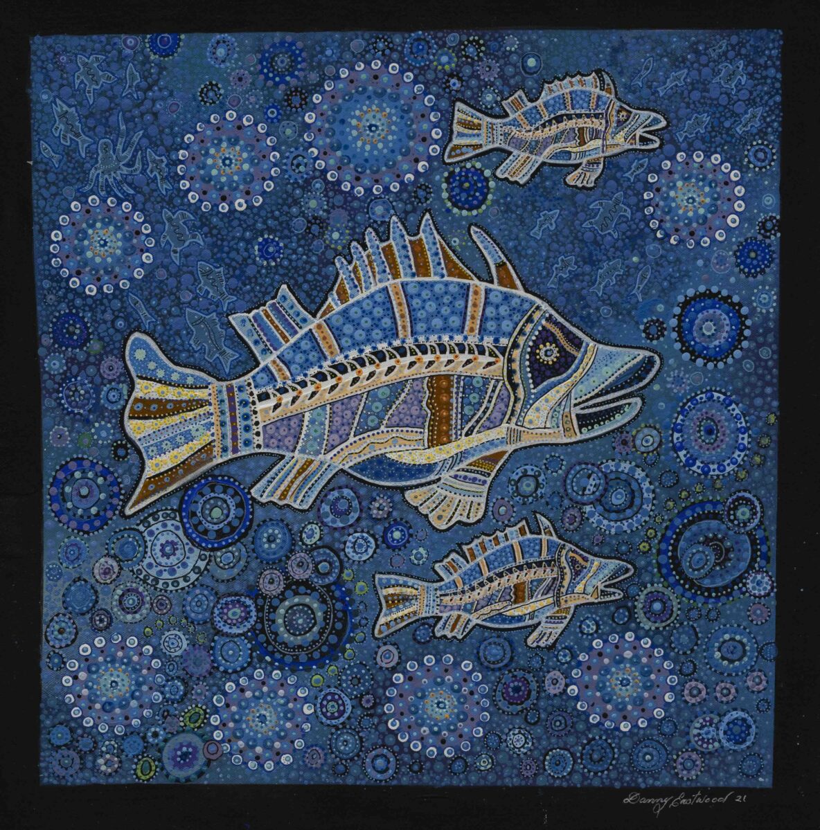 Abstract blue painting of stylized fish swimming among circular dot patterns and spirals; signature bottom right.