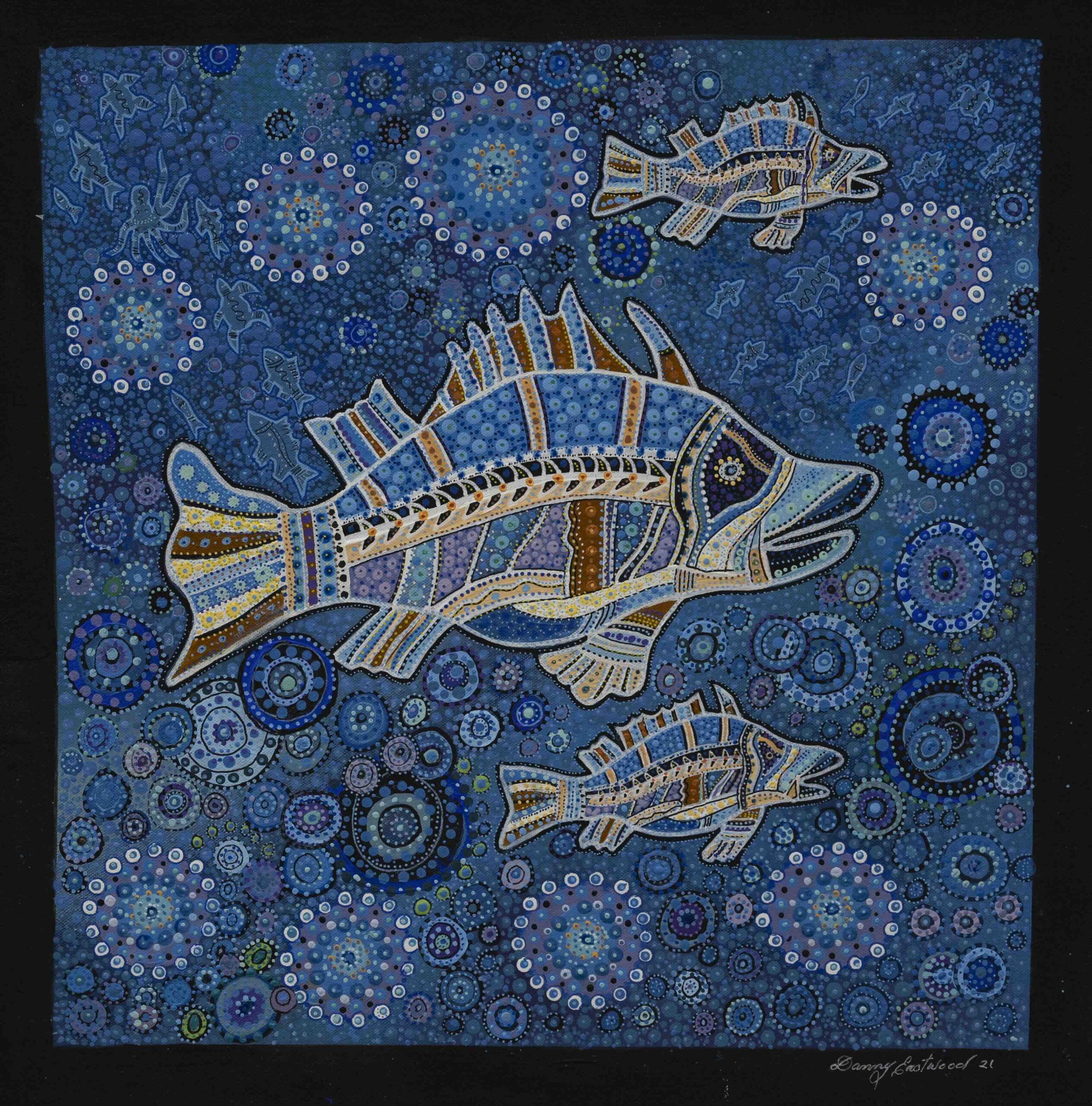 Abstract blue painting of stylized fish swimming among circular dot patterns and spirals; signature bottom right.