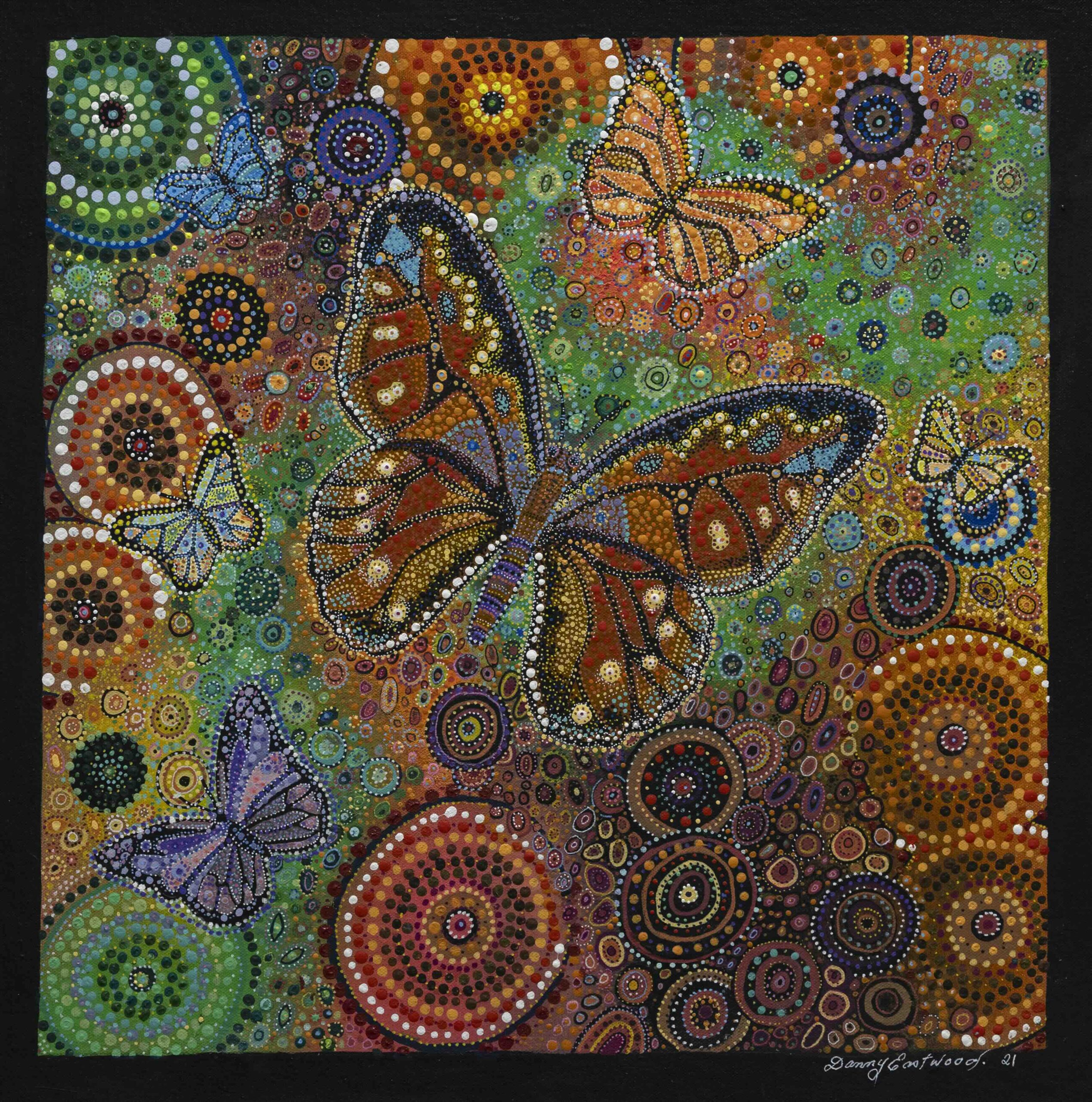 Vibrant, dot-filled abstract artwork featuring two butterfly shapes among multicolored spirals on a dark border.