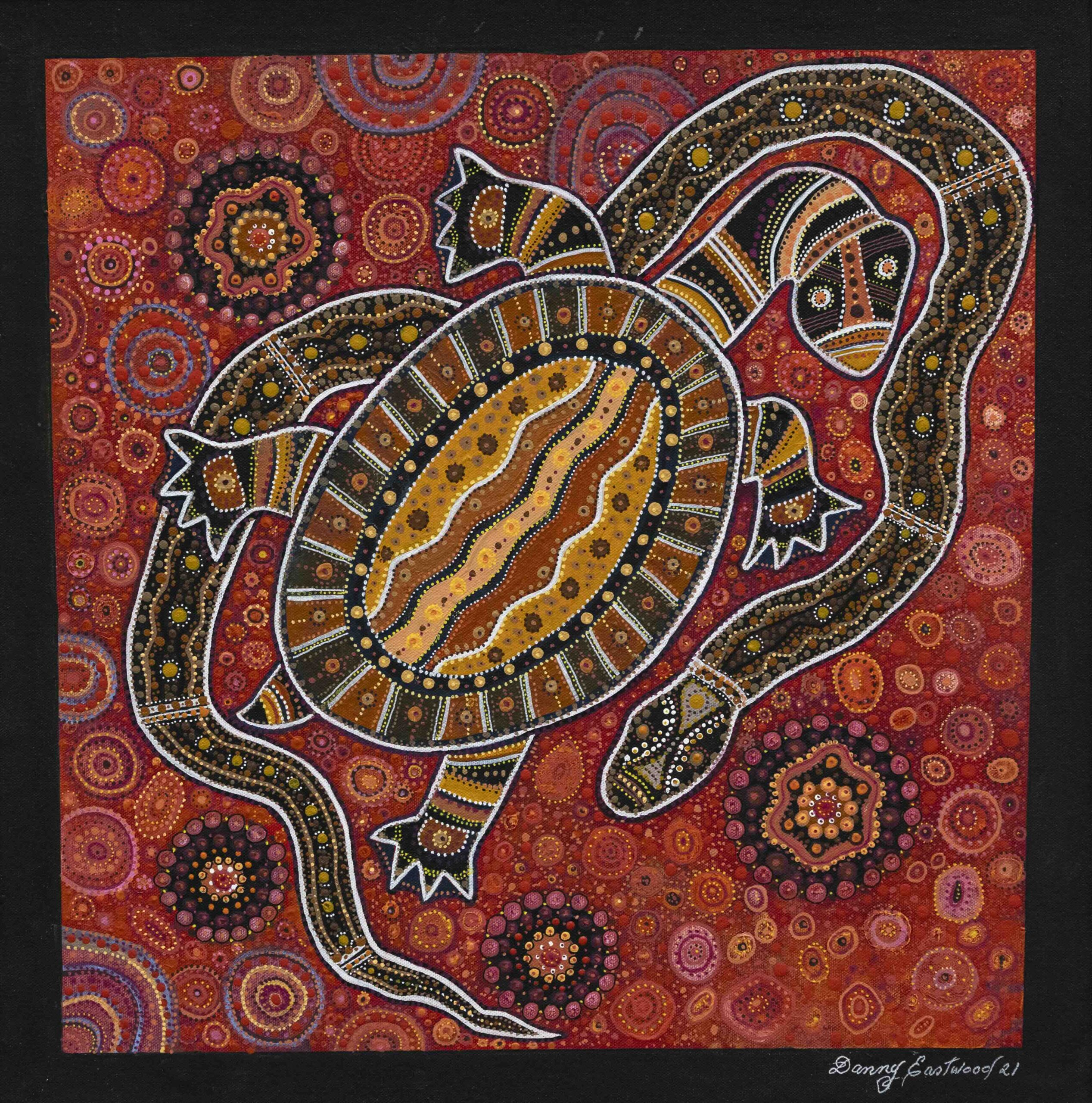 Winding serpent-shaped figure made of dotted patterns on a red field with circular motifs; artist's signature visible in the bottom right corner.