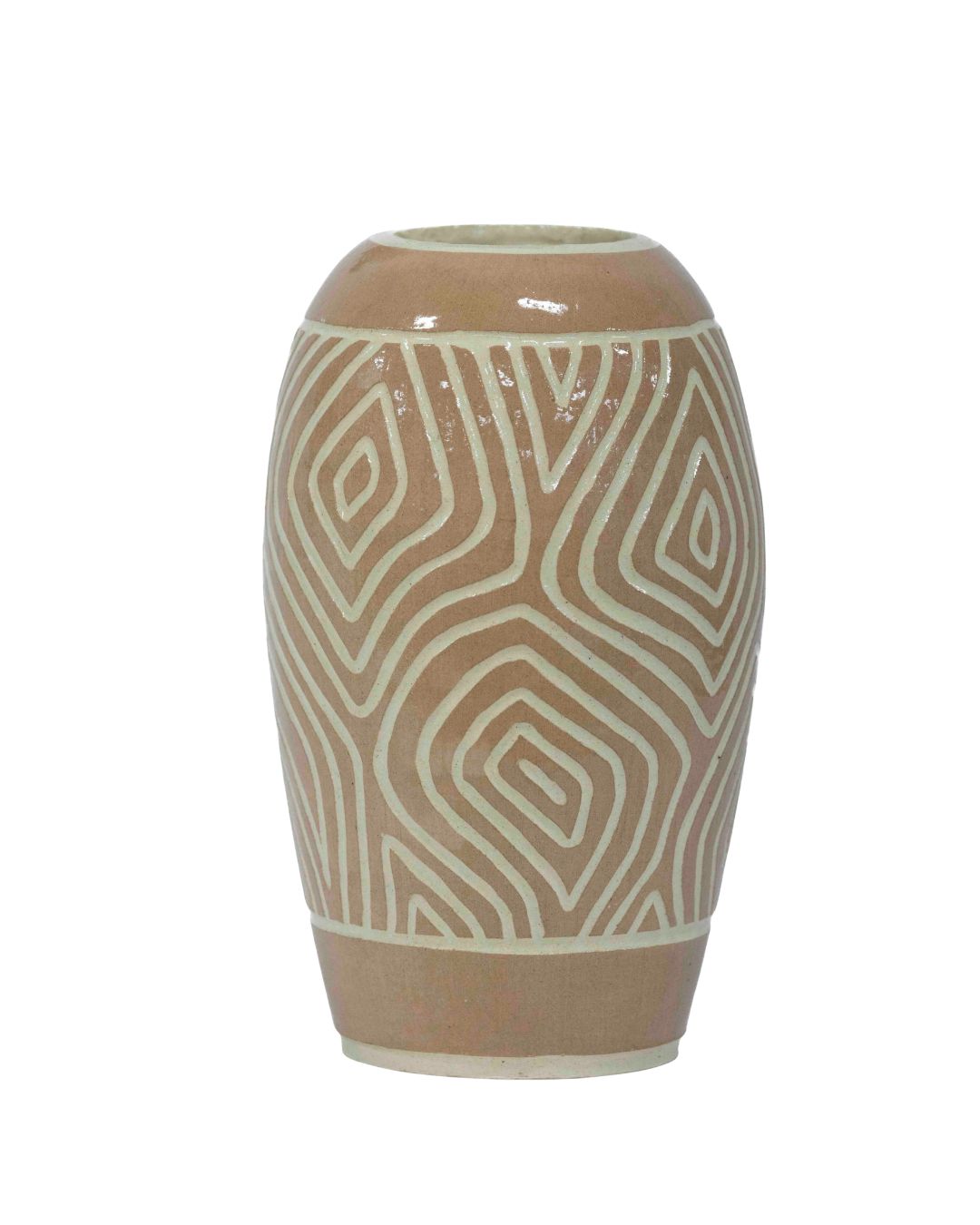 Brown ceramic vase with white geometric spiral-diamond pattern and a narrow opening at the top.