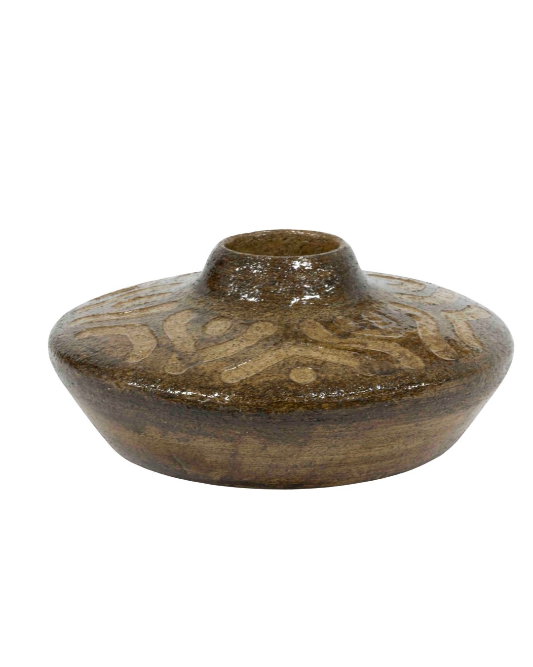 Brown glazed ceramic vase with a wide, flat body and short neck, earthy tones and a glossy finish.