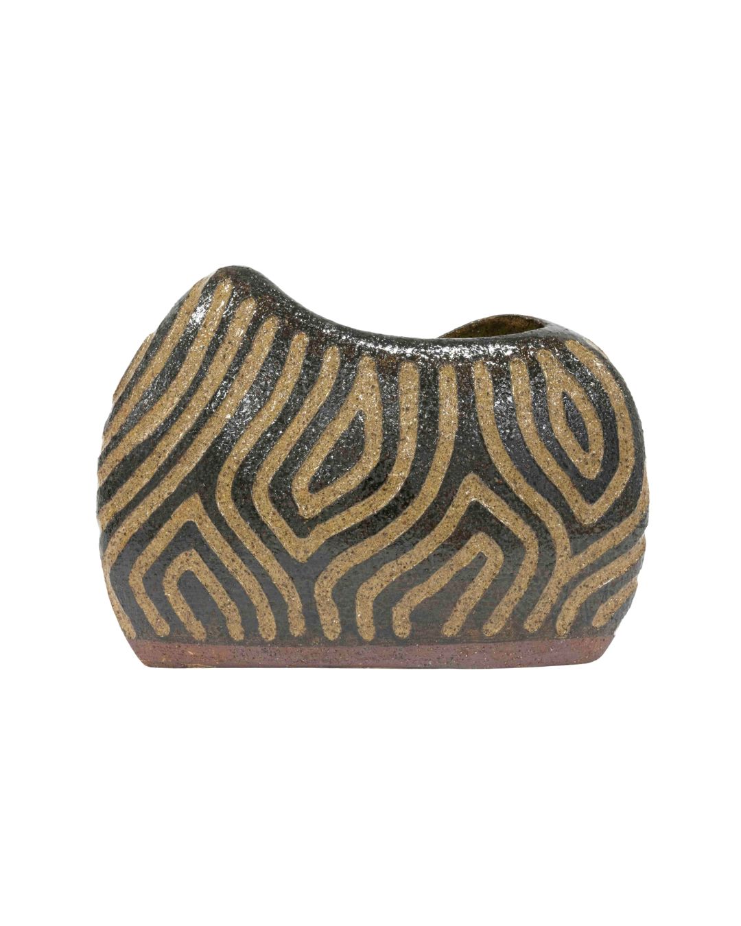 Decorative ceramic vase with black and gold zebra-stripe pattern and a shallow, curved opening.