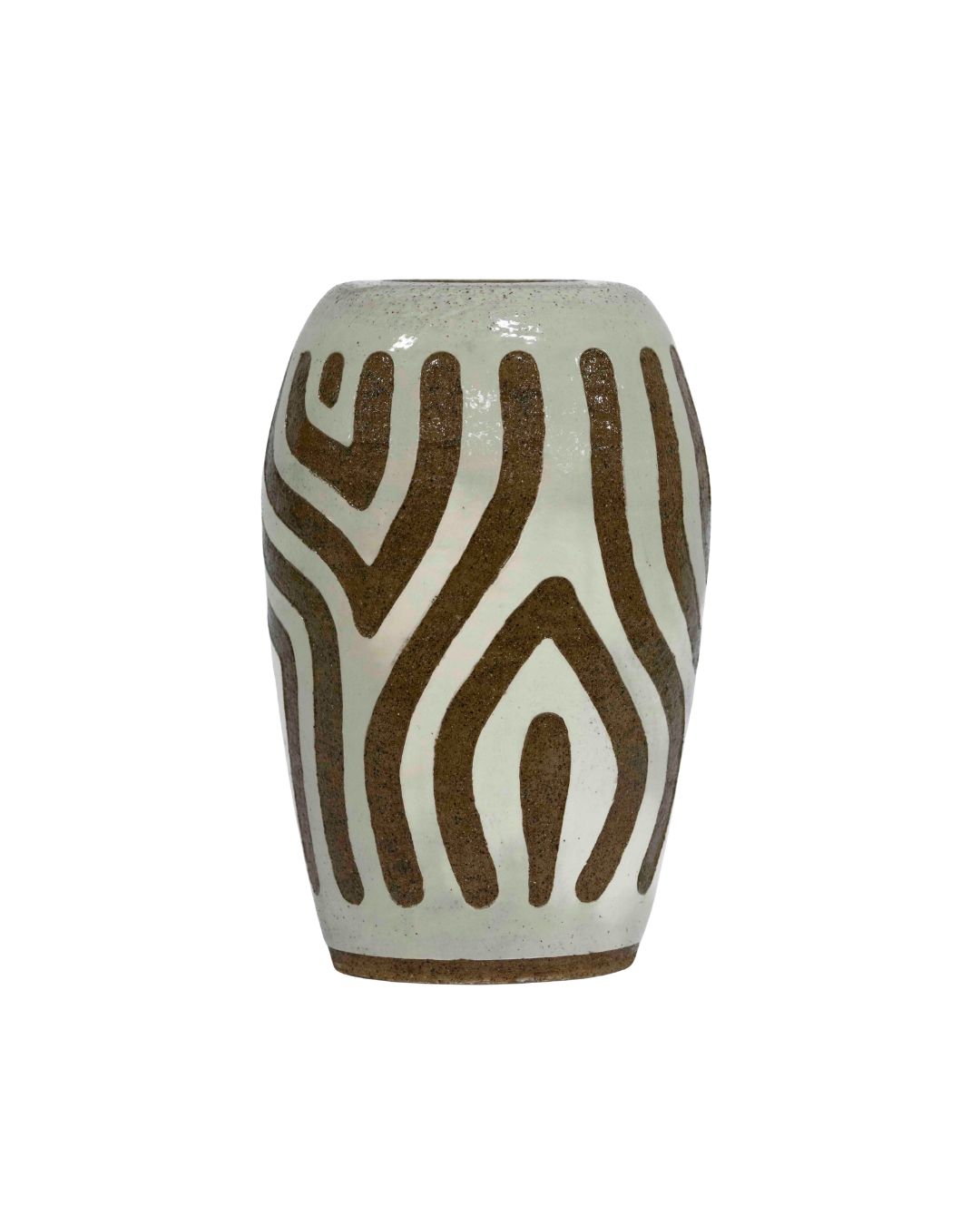 Ceramic vase with ivory glaze and brown abstract wavy patterns.