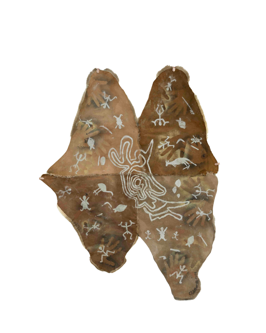Brown butterfly-shaped textile art with white line drawings of stick figures, animals, and a central spiral motif