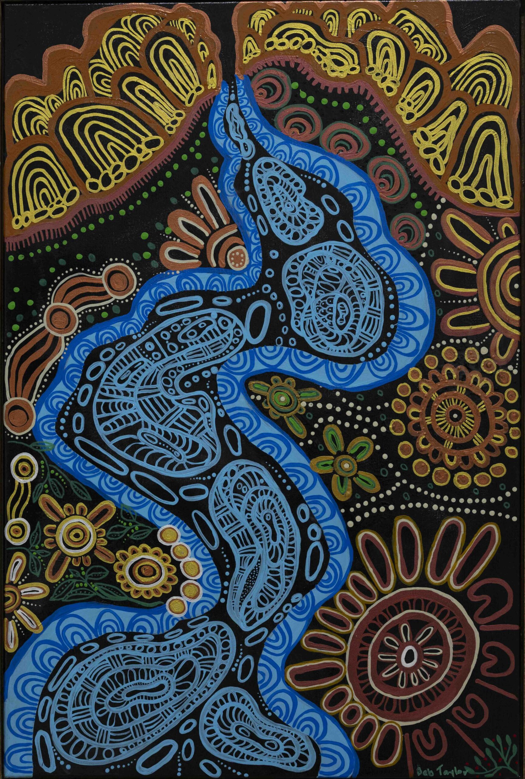 Abstract painting of a blue, patterned snake-like ribbon winding through black space with orange-yellow floral motifs above and around it.