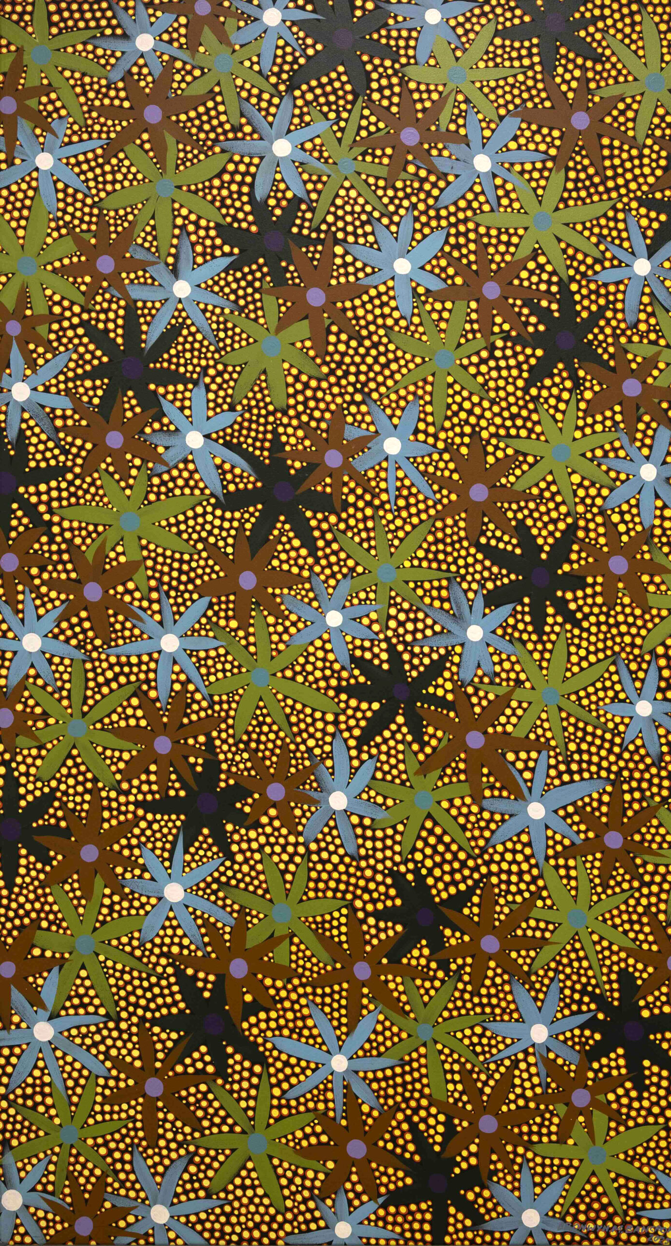 Abstract floral pattern with blue, green, and brown six-petal flowers on an orange dotted background.