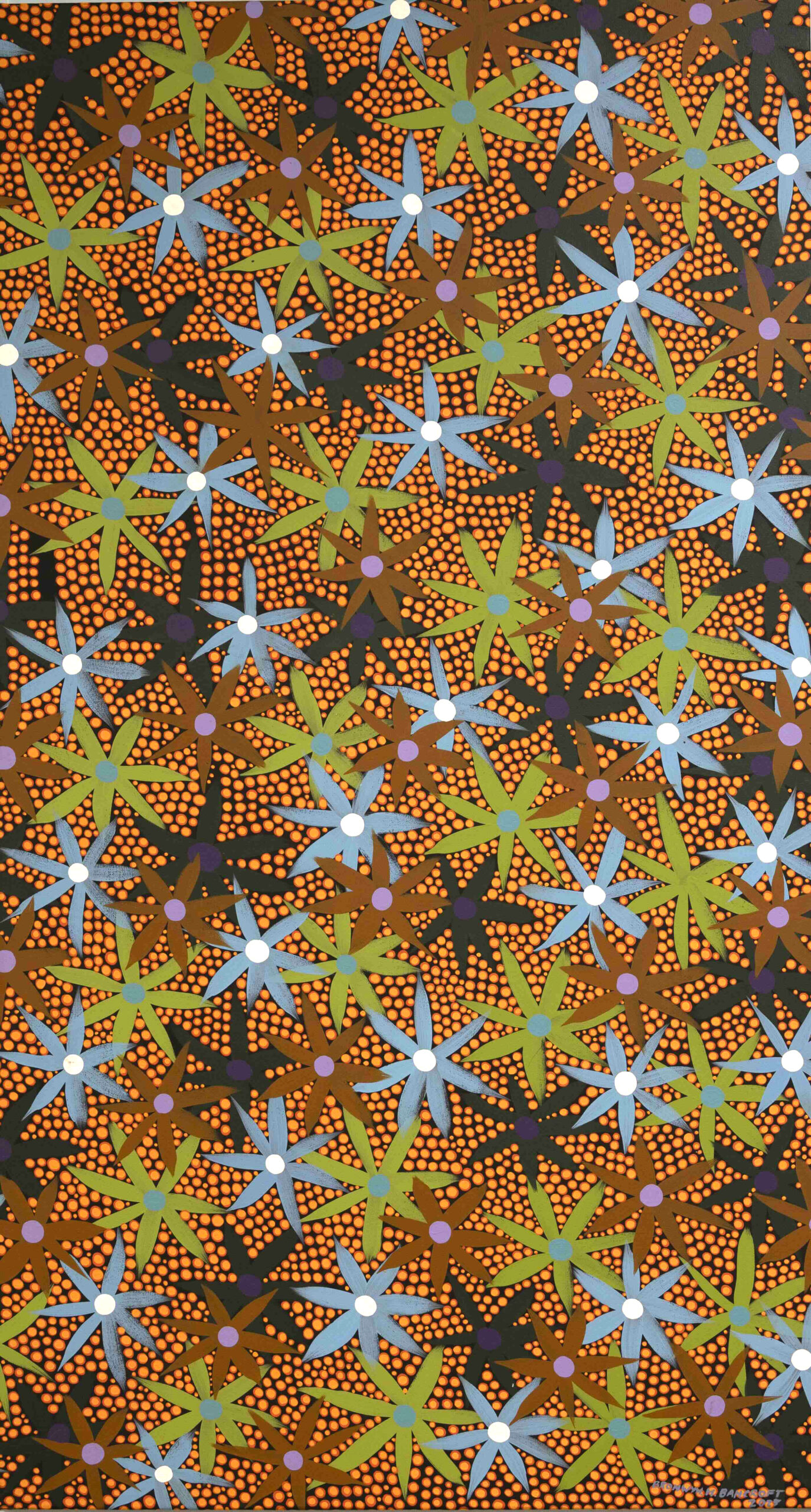 Decorative pattern of multicolored starburst flowers over an orange dotted background.