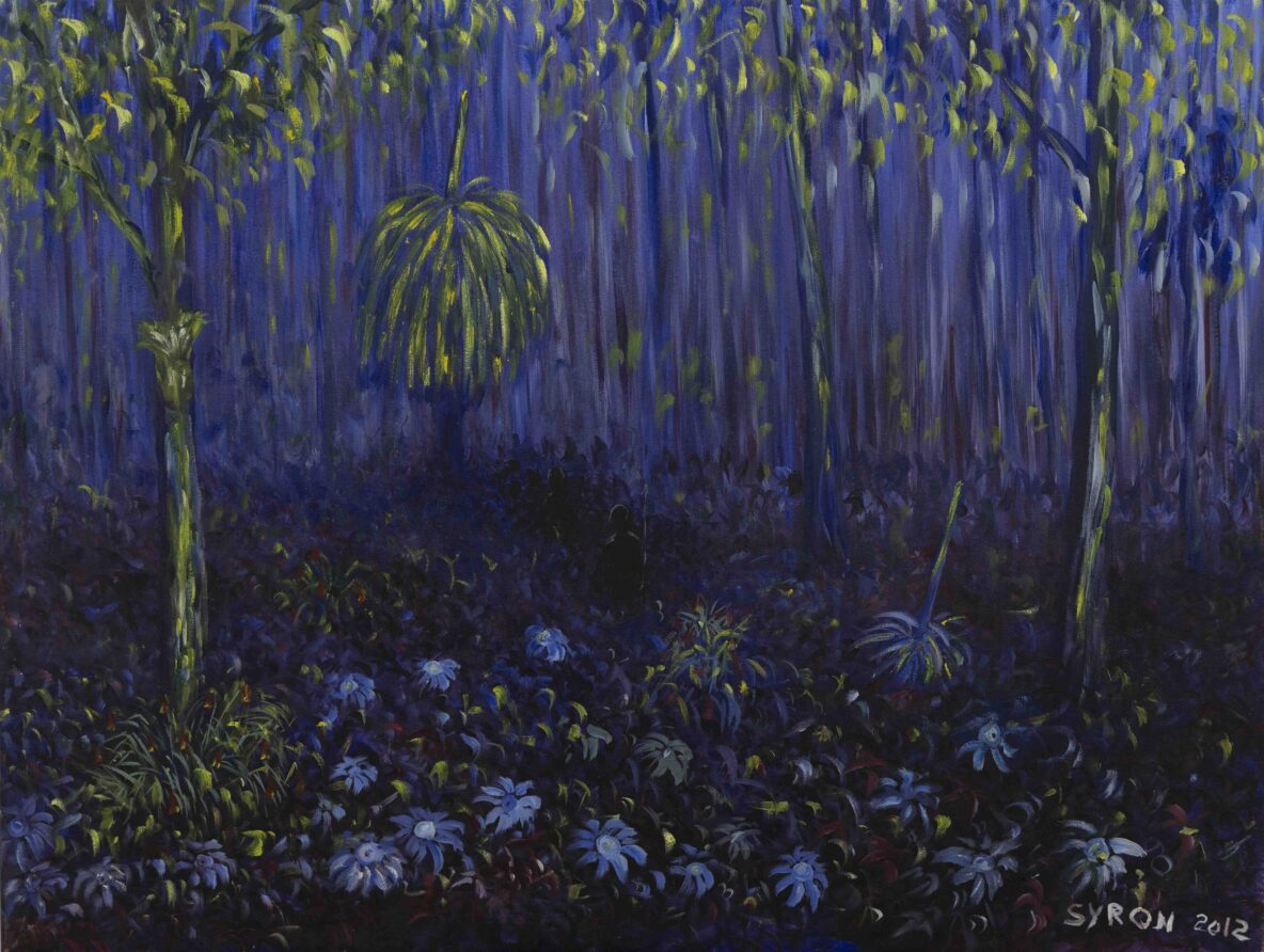 Impressionist painting of a dark forest with purple trunks, blue ground plants, and yellow-green leaves. Signature visible in the bottom right.