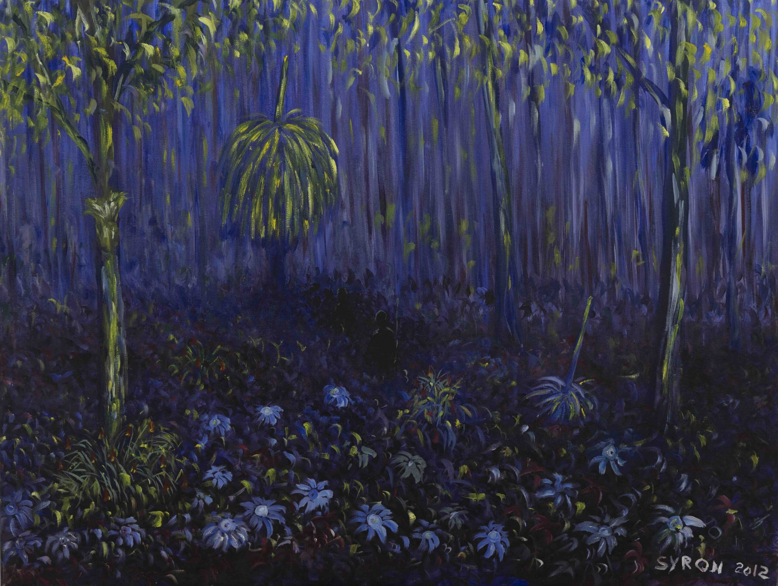 Impressionist painting of a dark forest with purple trunks, blue ground plants, and yellow-green leaves. Signature visible in the bottom right.
