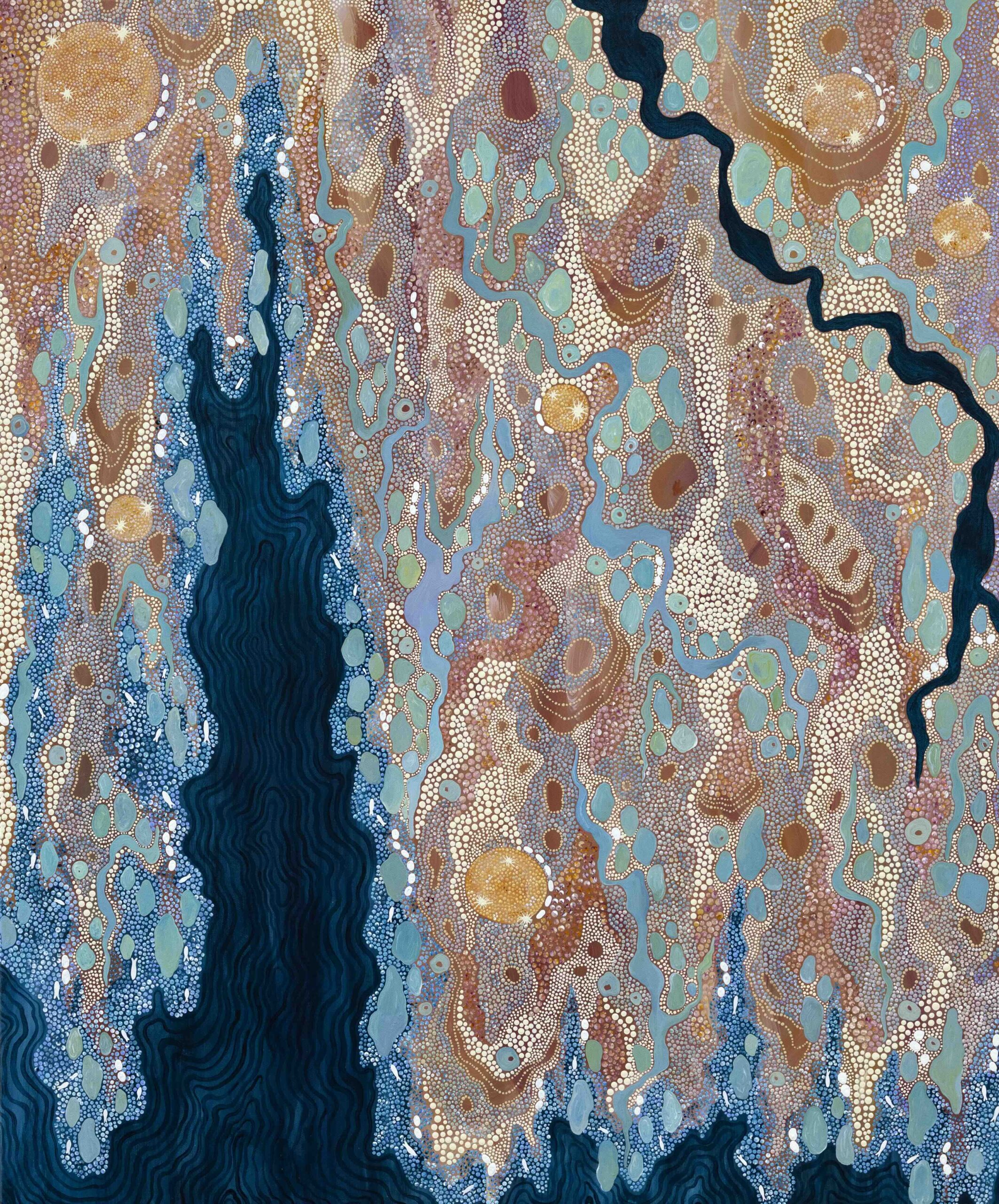 Abstract dot painting with flowing dark blue ribbons and teal and brown dotted fields.