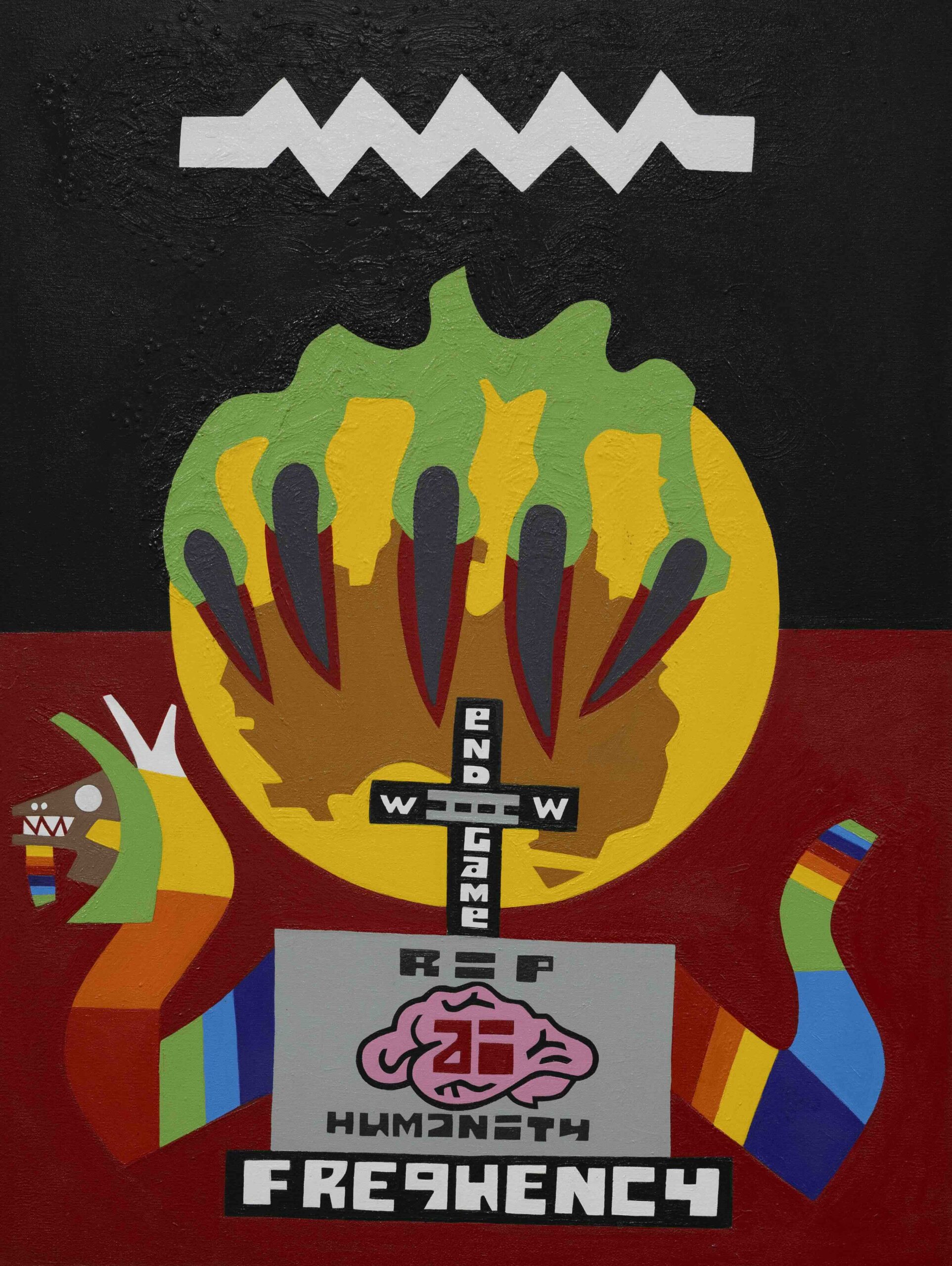 Abstract poster-style artwork: a large orange circle with a jagged green top and dark spike shapes on a deep red and black background, with a white zigzag band near the top and scattered text elements.
