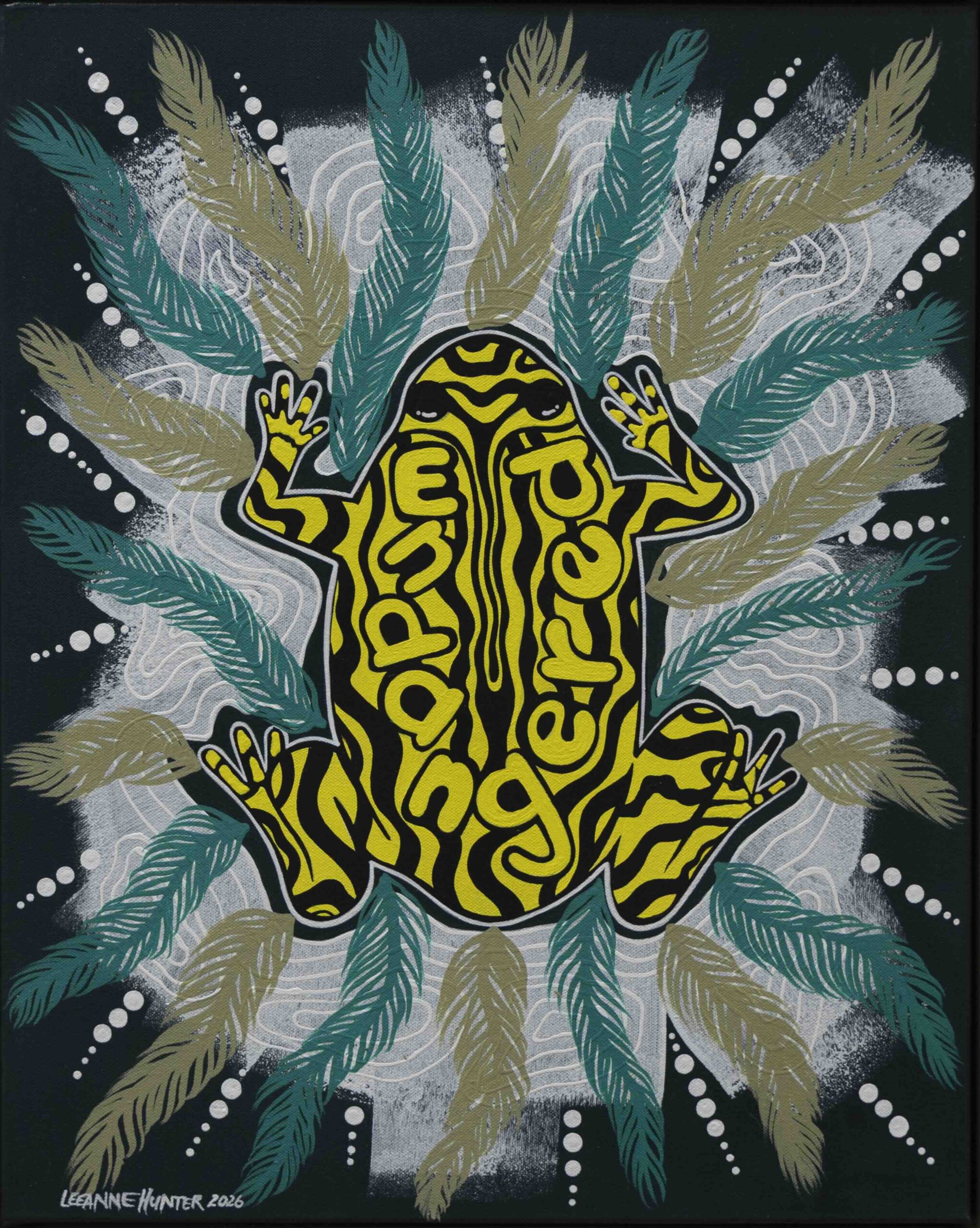 Abstract painting with a central yellow-and-black, wavy pattern surrounded by teal and tan feather-like shapes radiating outward on a dark background, with white dotted accents and grey swirling textures.