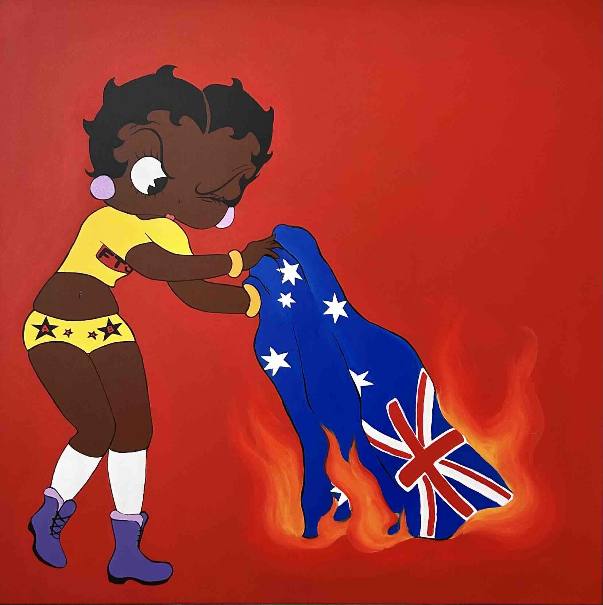 Cartoon of a dark-skinned girl in a yellow outfit embracing a person in a blue cape with white stars against a red fiery background.