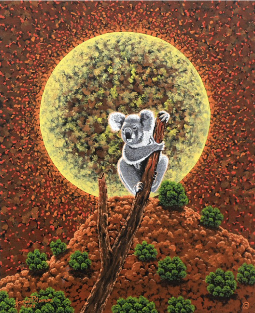 Koala clinging to a tree branch in front of a large glowing moon with an orange, rocky landscape and green shrubs.