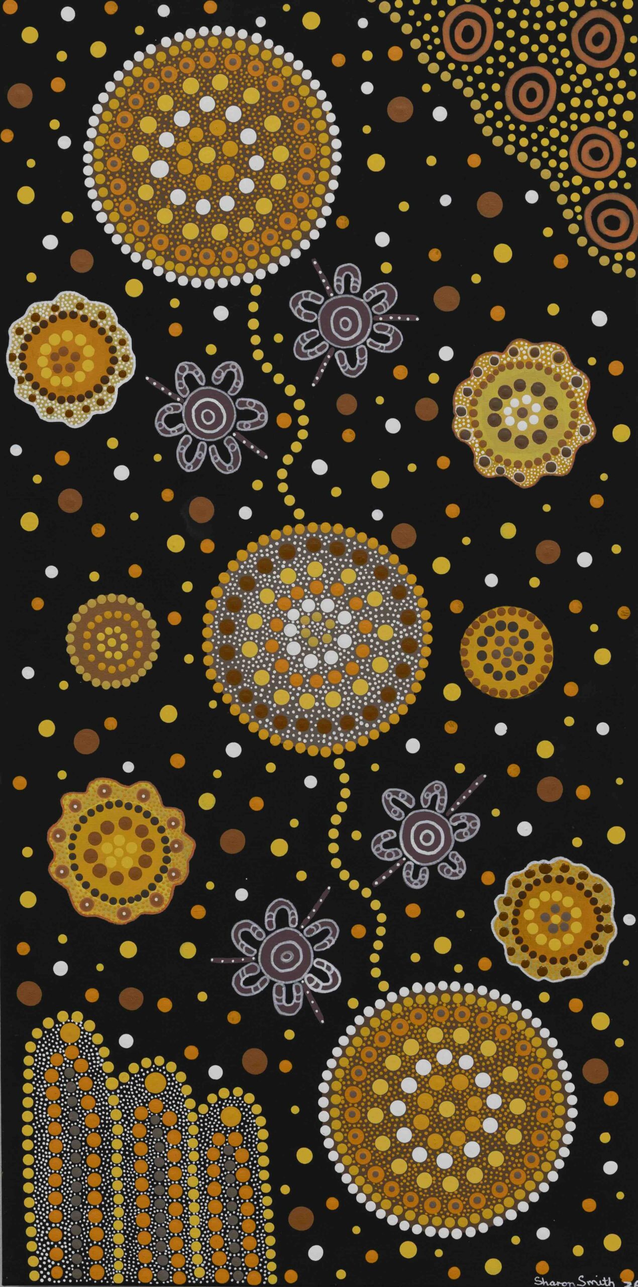 Abstract dot painting on black background with concentric orange, yellow, and white circles and scattered dots, inspired by Aboriginal art styles.