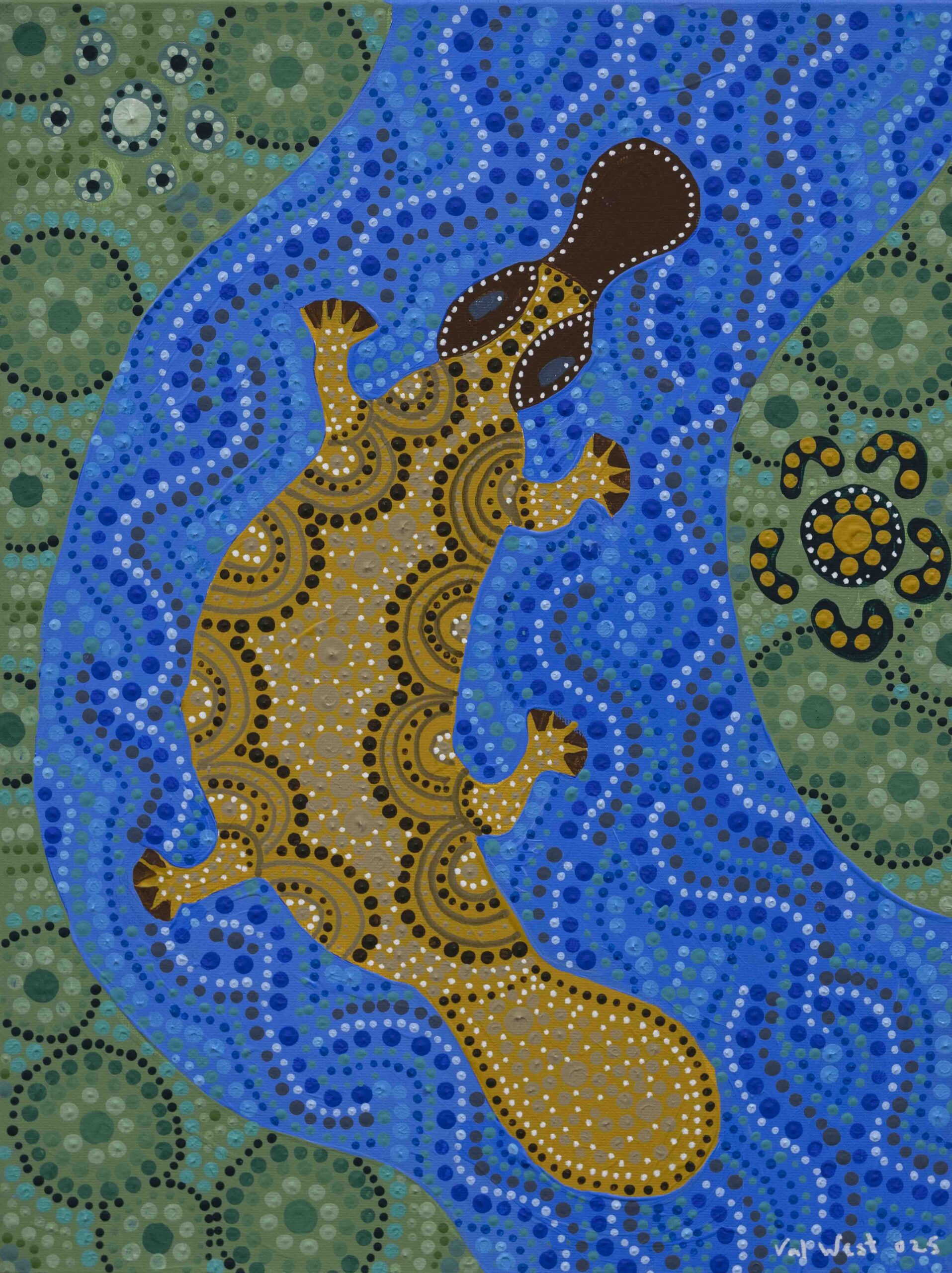 Abstract painting of a yellow giraffe-like figure with swirling patterns standing in a blue river, against a green dotted landscape.