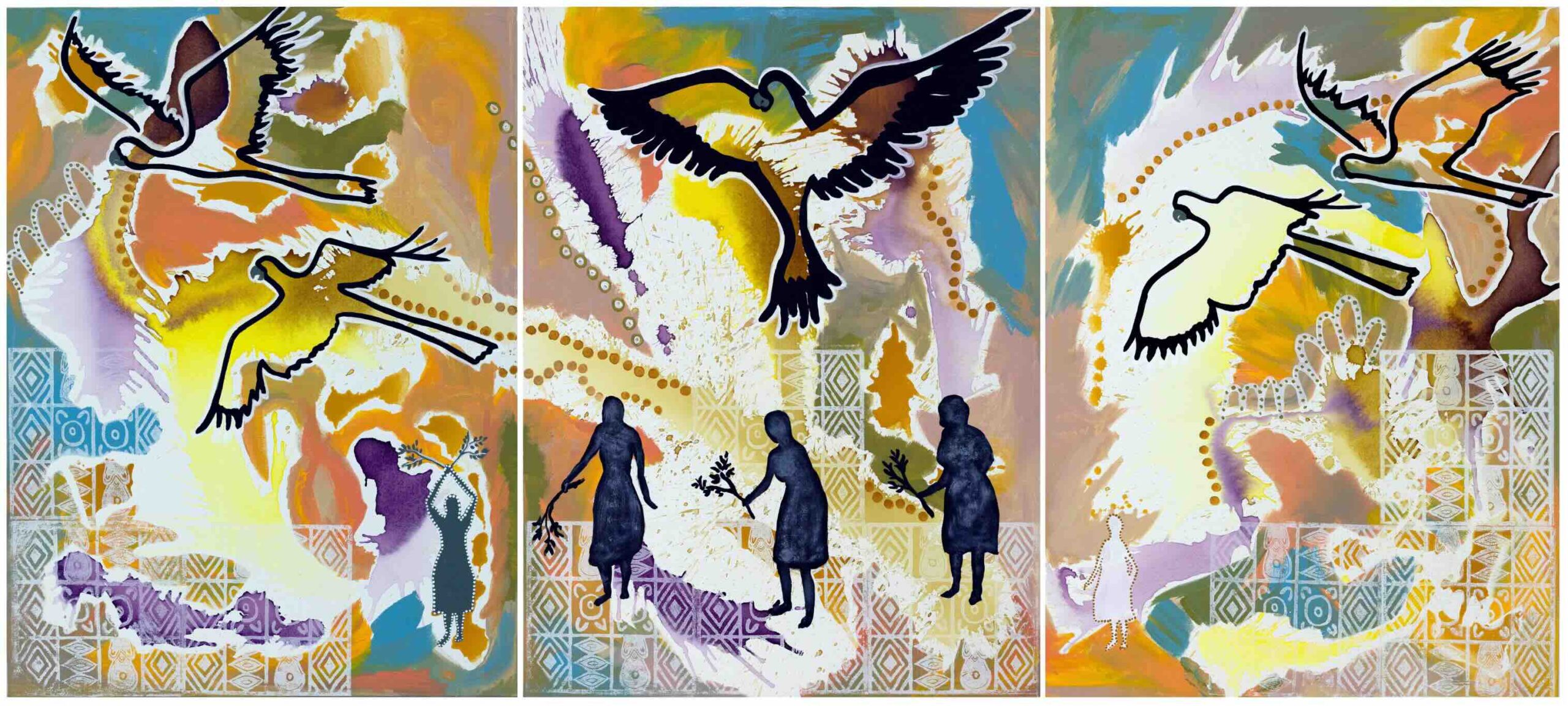 Three-panel abstract artwork with colorful background, bold black birds in flight, and dark silhouettes of people reaching upward, connected by decorative patterns in the lower sections—evoking unity and hope across panels.