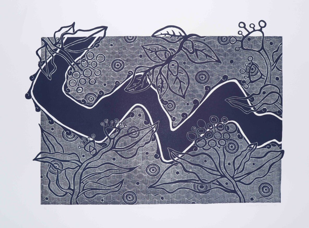 Abstract botanical print with intertwining vines and circular motifs on a dark blue panel over a patterned background.