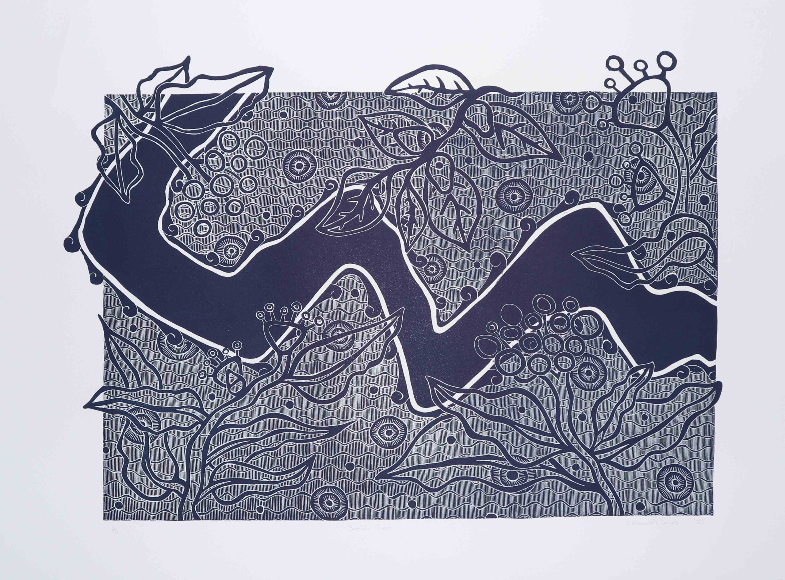 Abstract botanical print with intertwining vines and circular motifs on a dark blue panel over a patterned background.