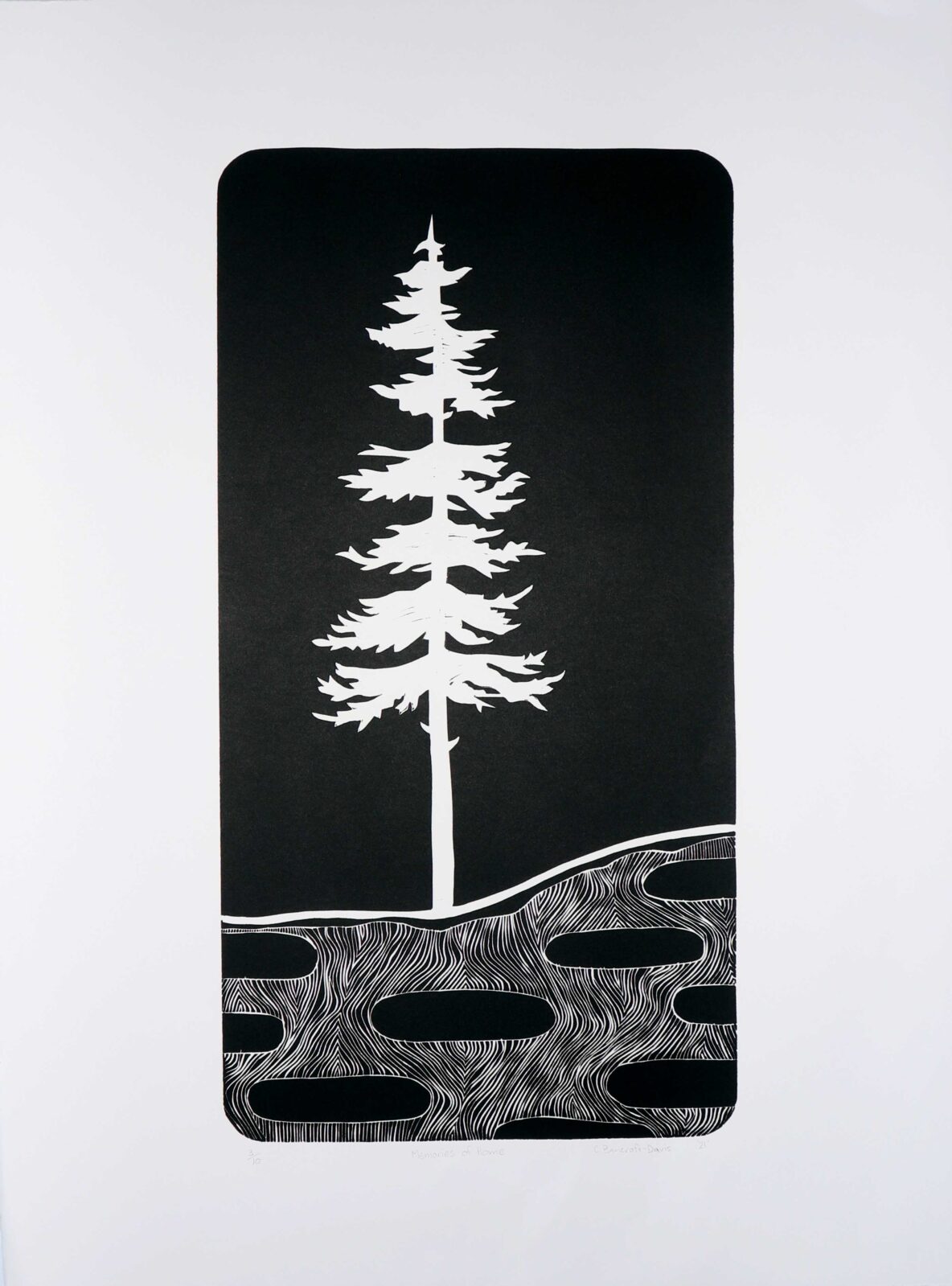 White silhouette of a tall pine tree centered on a black rectangular panel with a wavy, abstract patterned ground at the bottom.