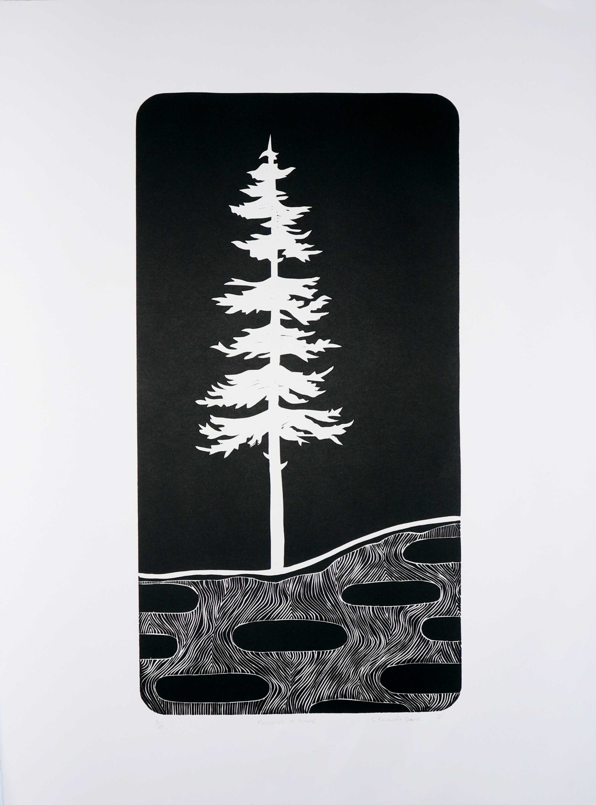 White silhouette of a tall pine tree centered on a black rectangular panel with a wavy, abstract patterned ground at the bottom.