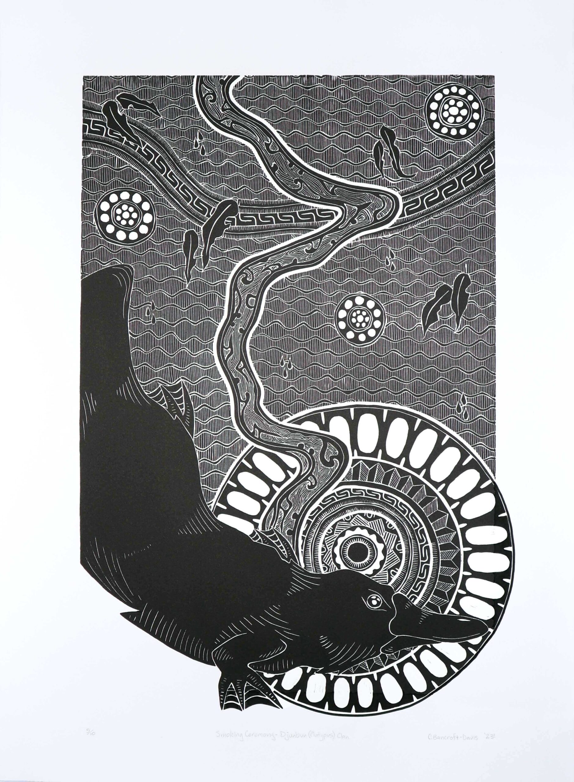 Aboriginal-style black-and-white print featuring a long, twisting serpent with intricate internal patterns, surrounded by circular, dotted motifs and wavy background lines with a dark silhouette in the foreground.