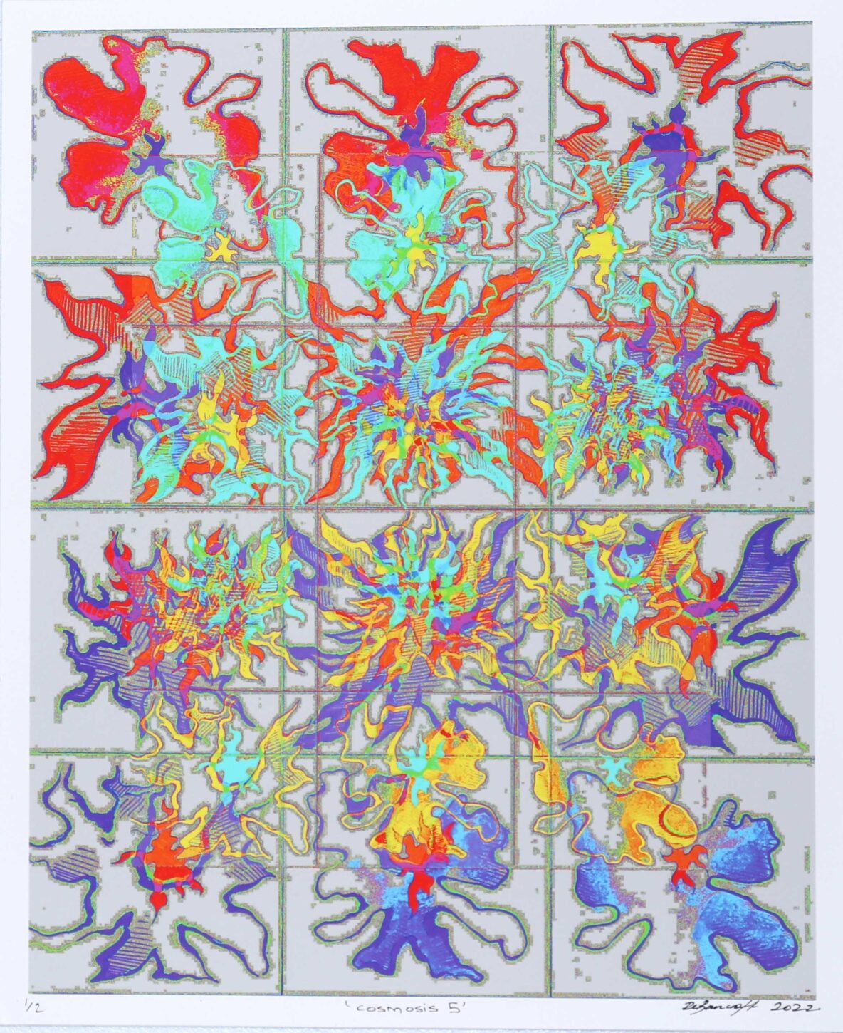 Colorful abstract art in a 3x3 grid with coral-like red-outlined shapes and rainbow fills on gray panels, titled Cosmos 5'.