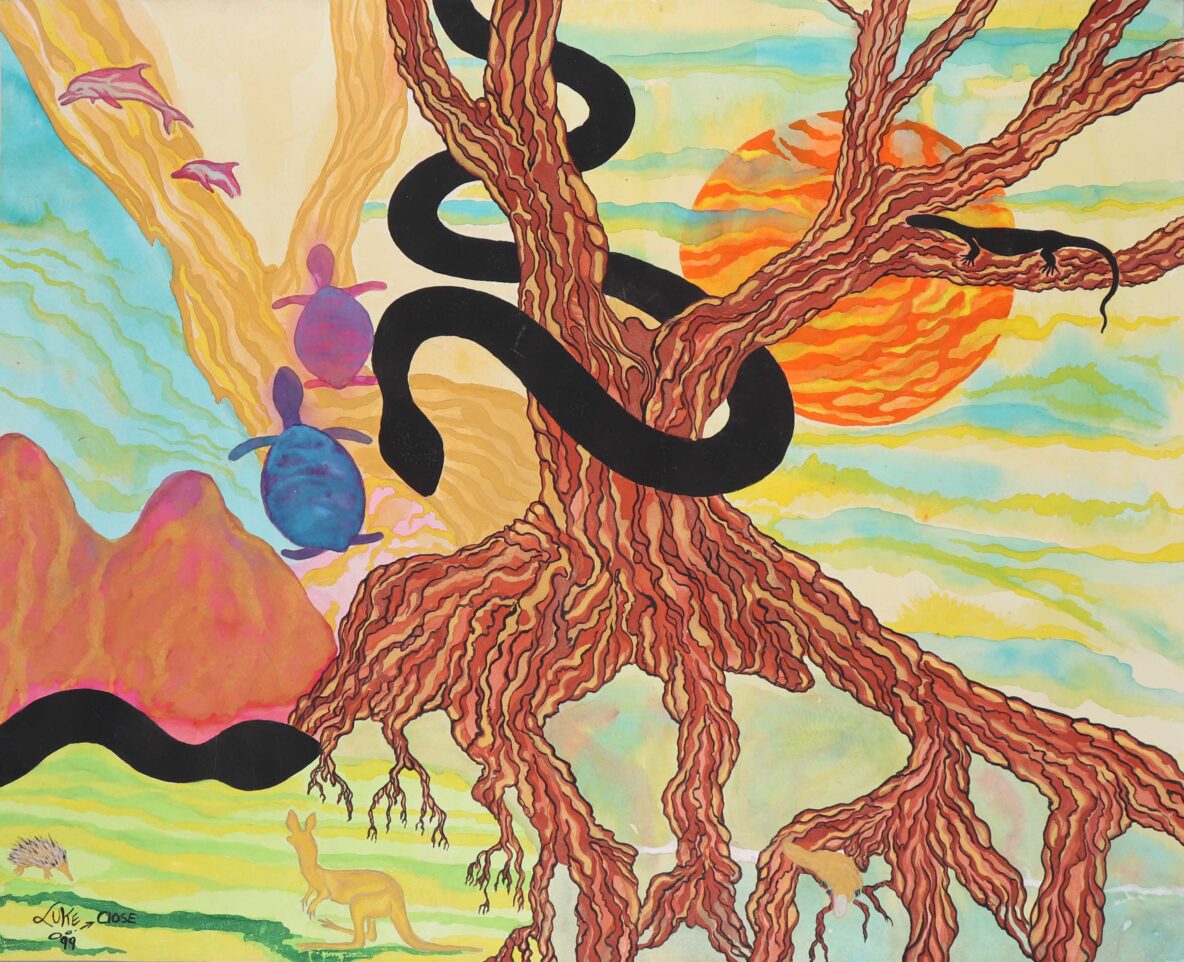 Surreal painting of a gnarled tree trunk wrapped by a thick black snake with an orange sunset and pastel hills in the background.