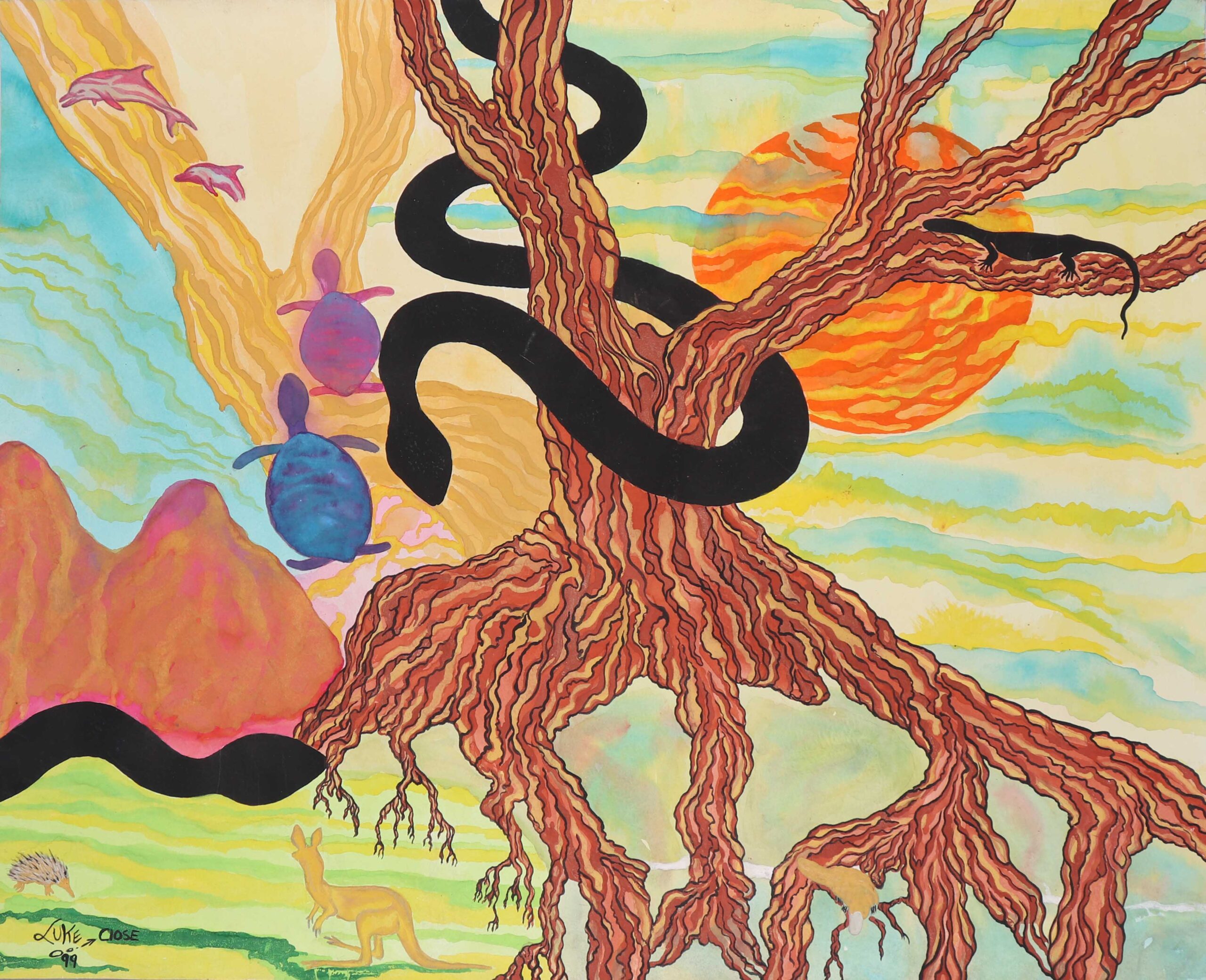 Surreal painting of a gnarled tree trunk wrapped by a thick black snake with an orange sunset and pastel hills in the background.