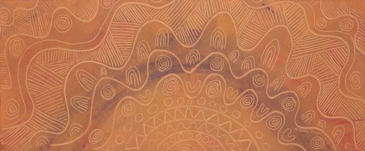 Abstract orange artwork with wavy white lines, spirals, and geometric motifs.