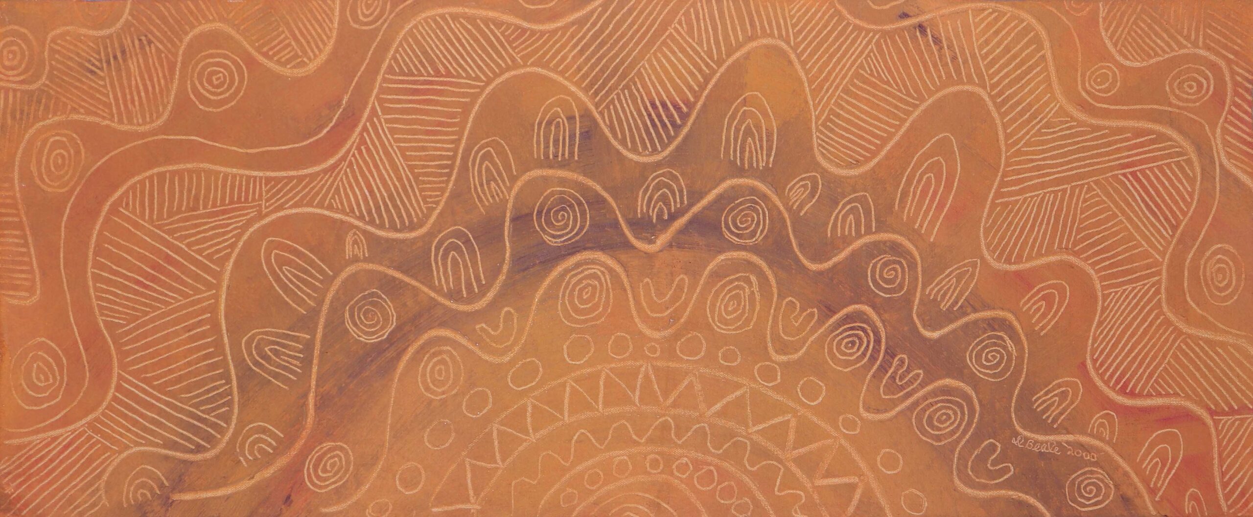 Abstract orange artwork with wavy white lines, spirals, and geometric motifs.