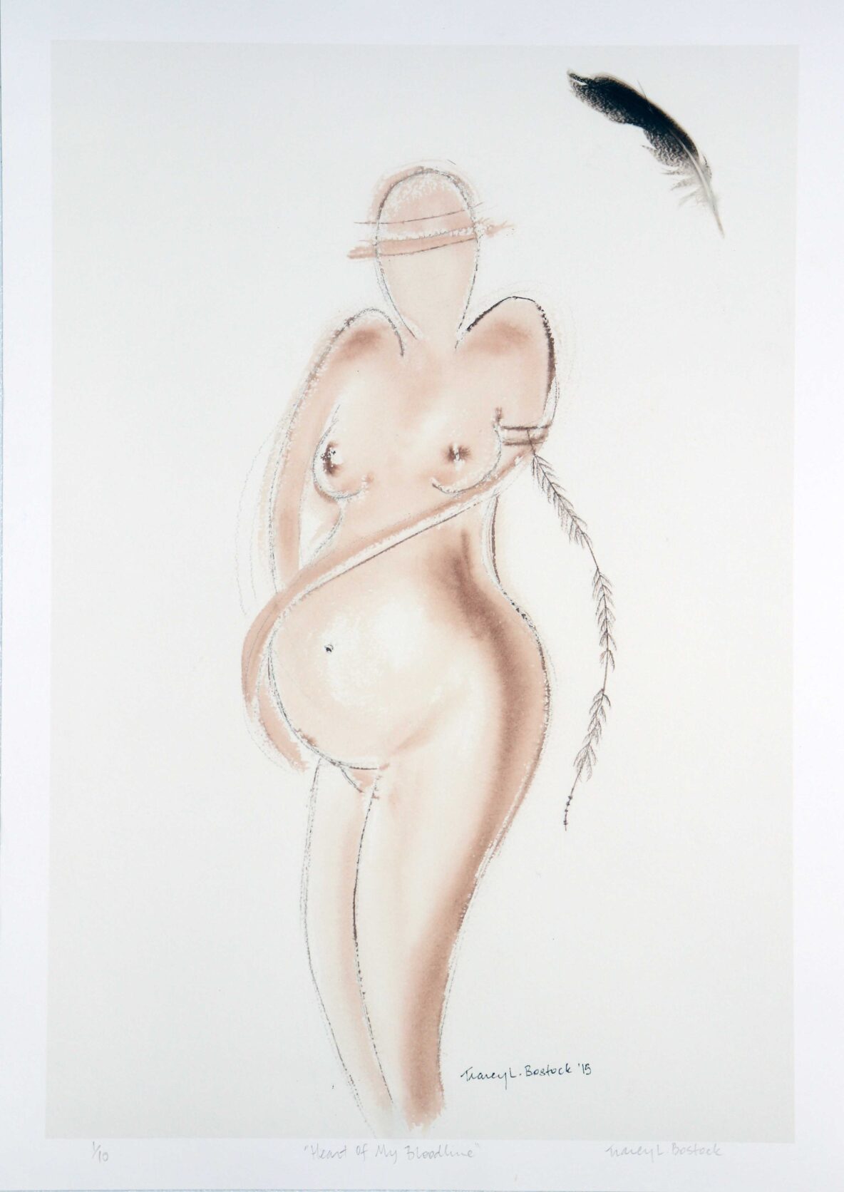 Abstract sketch of a nude pregnant woman in peach tones; stylized figure with no face, feather-like line along the right side.