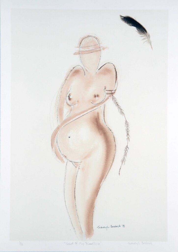 Abstract sketch of a nude pregnant woman in peach tones; stylized figure with no face, feather-like line along the right side.