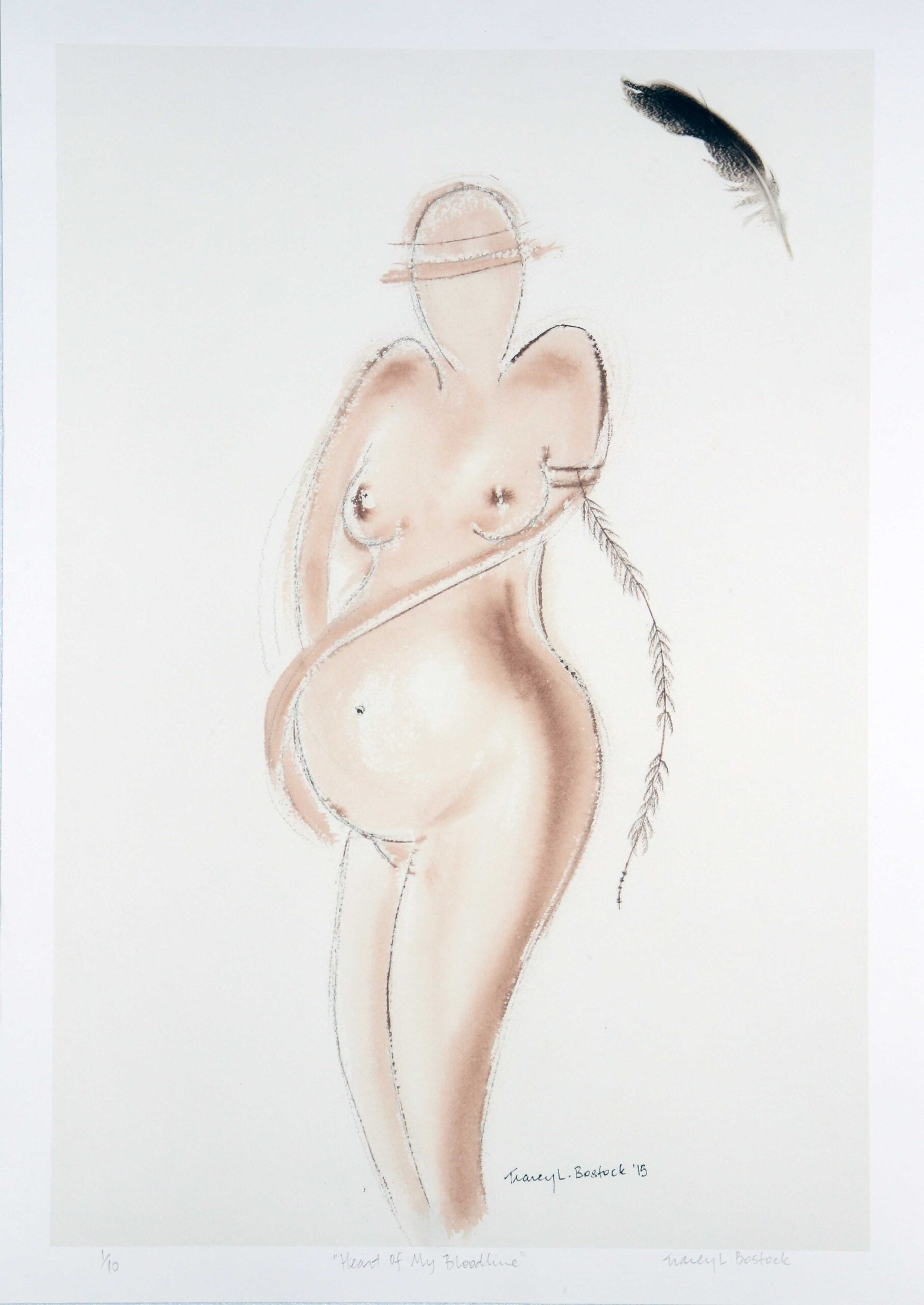 Abstract sketch of a nude pregnant woman in peach tones; stylized figure with no face, feather-like line along the right side.
