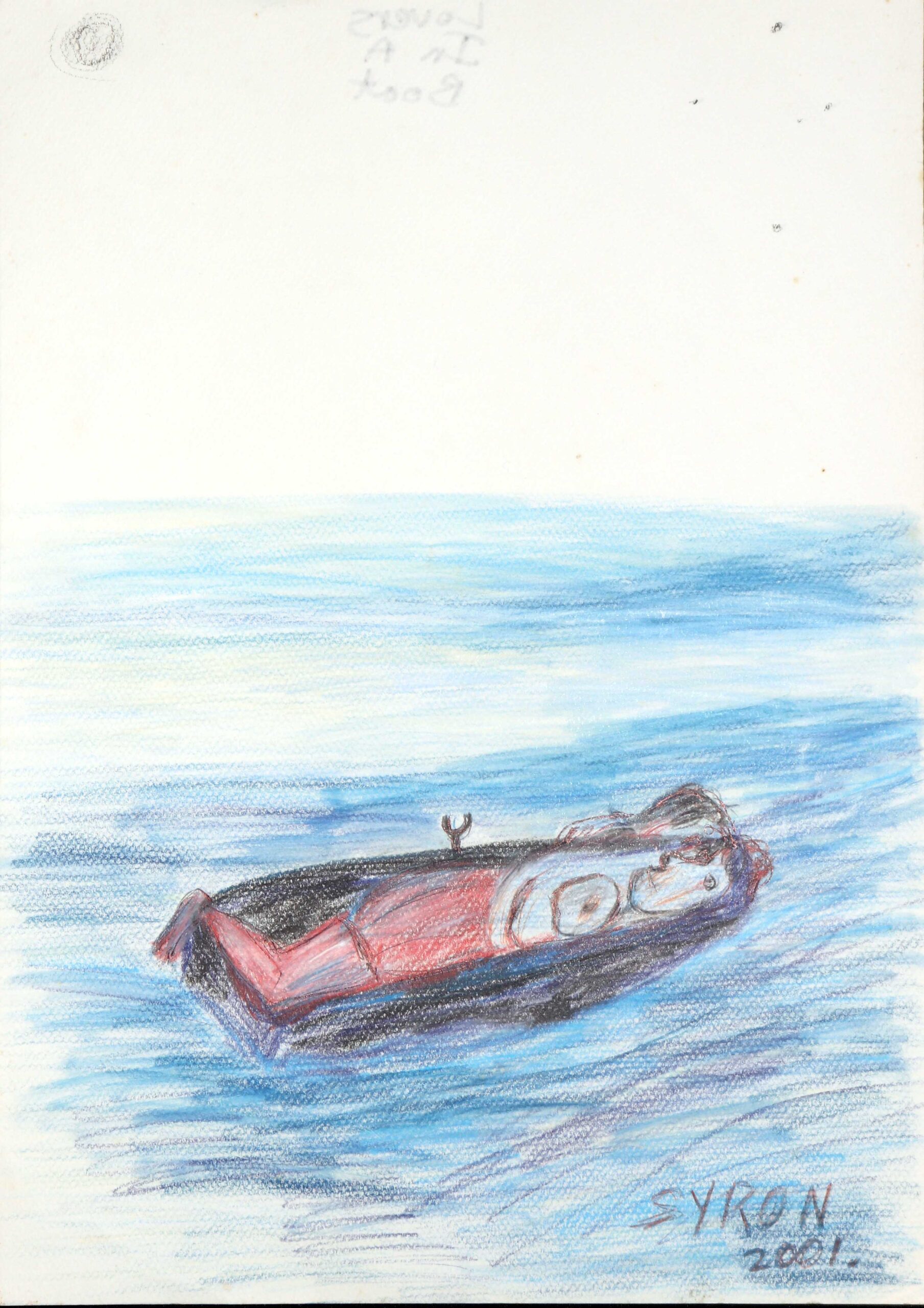 Color pencil drawing of a person in a red life jacket floating on blue water, bottom-right signature reads SYRON 2021.