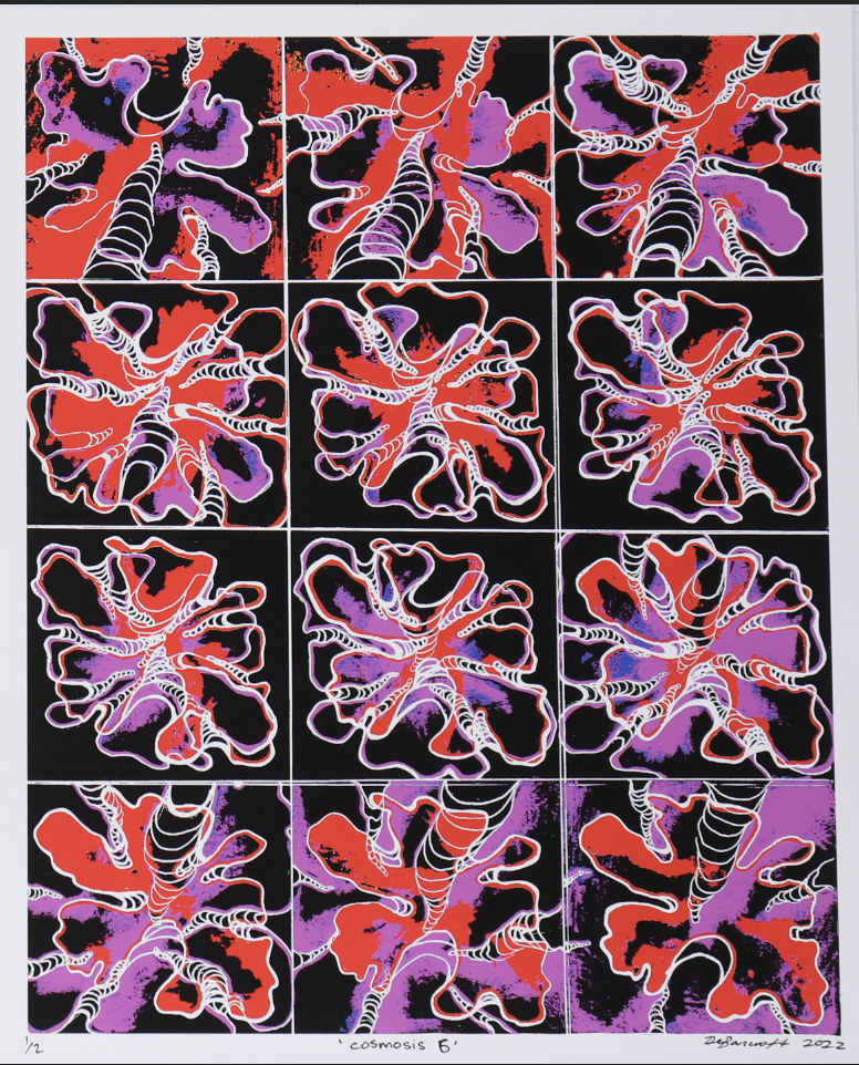 Abstract grid of red and purple organic shapes with white outlines on black panels, titled 'Cosmosis B', 2022.
