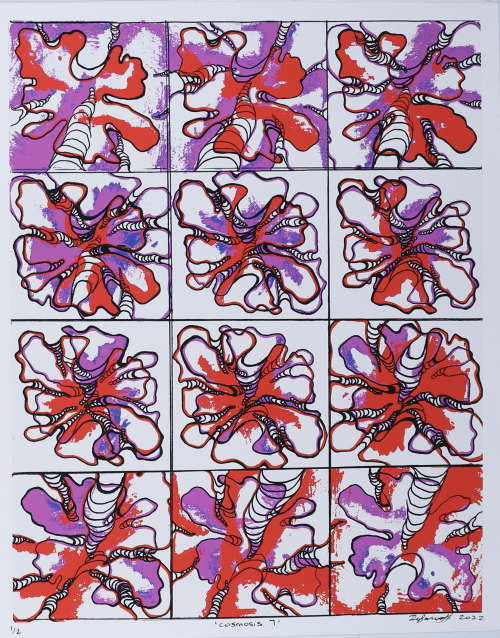 Abstract grid of 16 panels featuring red and purple organic, flower-like shapes with bold black outlines on a pale background, titled 'Cosmosis 7' (art print).