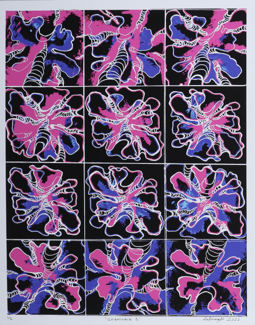 Grid of sixteen square abstract prints featuring pink, purple, and blue branching shapes with white outlines on a black background; the panels form a repeated, organic, coral/neuronal motif.