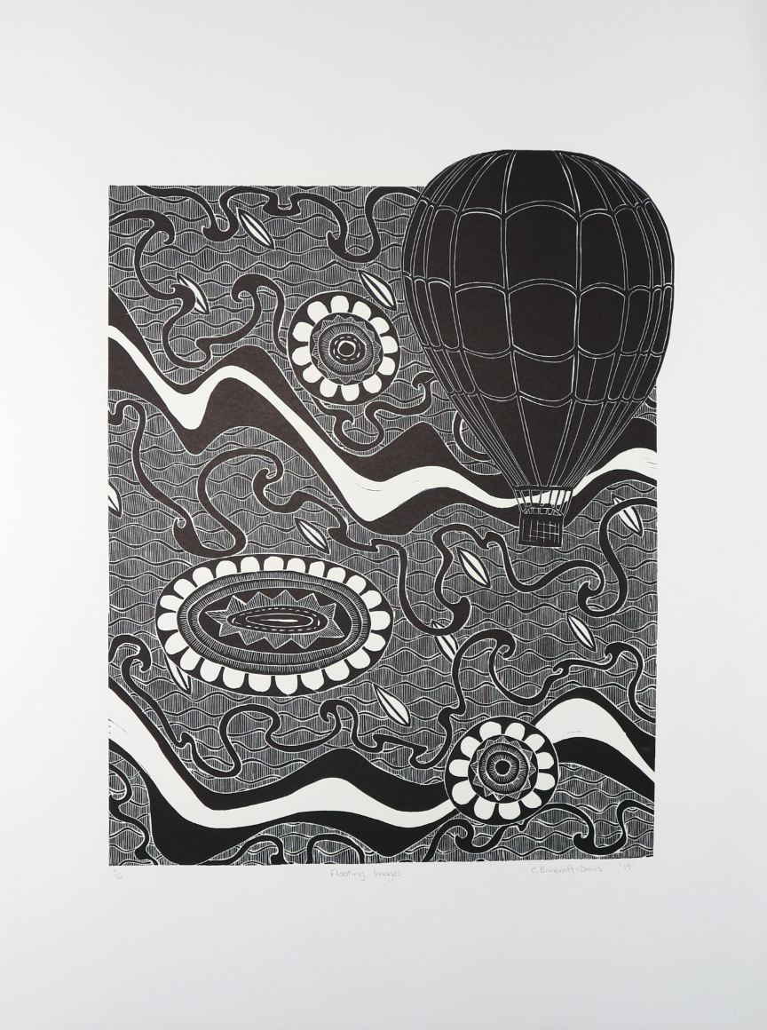 Abstract black-and-white print featuring a large hot air balloon above swirling patterned shapes and circular motifs.