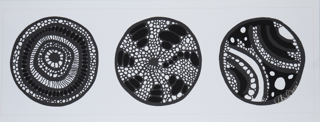 Three circular black-and-white abstract artworks on a white background, each with intricate cutouts and unique pattern styles.