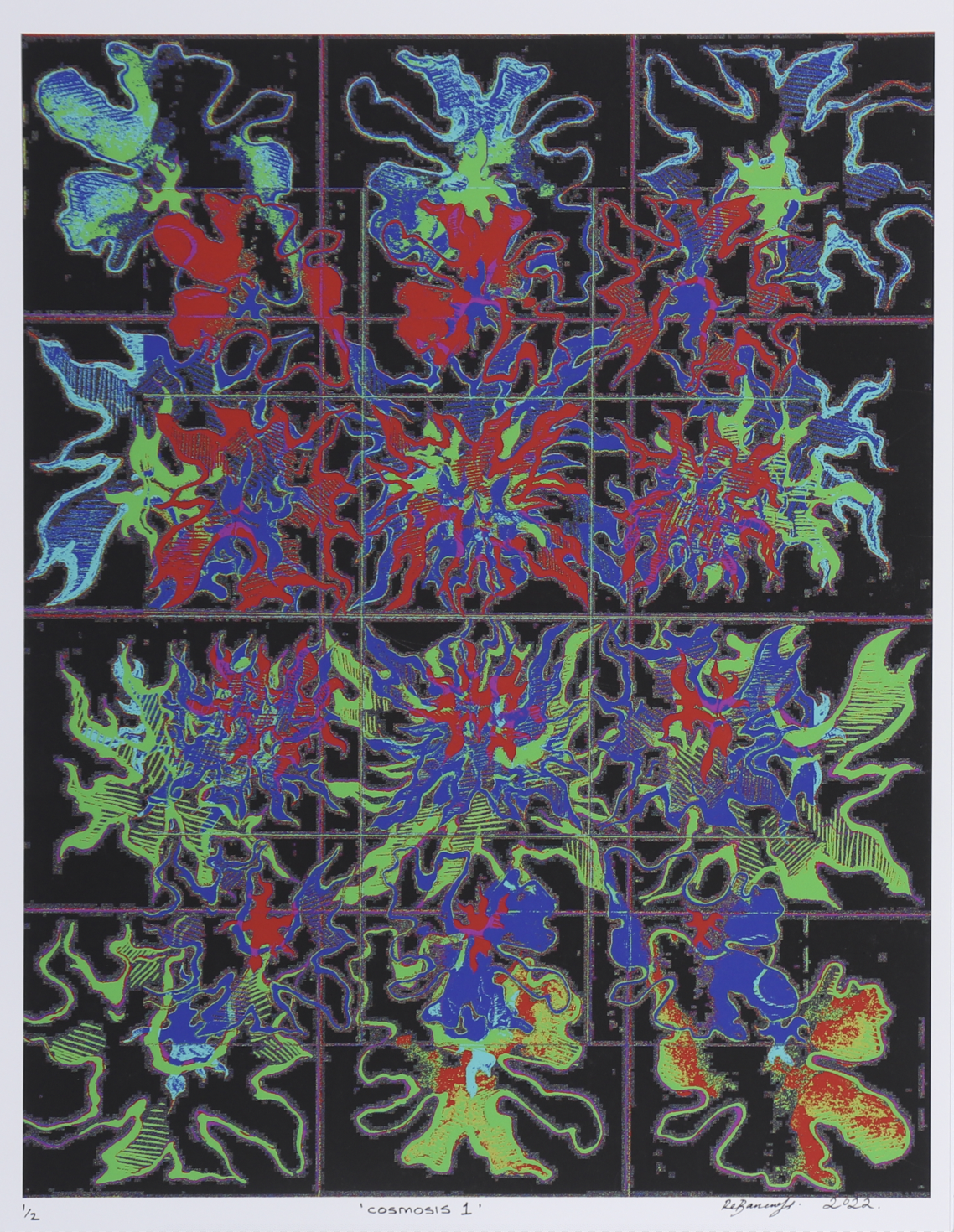 Abstract print of bright, branching shapes in a 3x4 grid on a black background; neon greens, blues, reds create a kaleidoscopic, organic pattern titled 'cosmosis 1'.