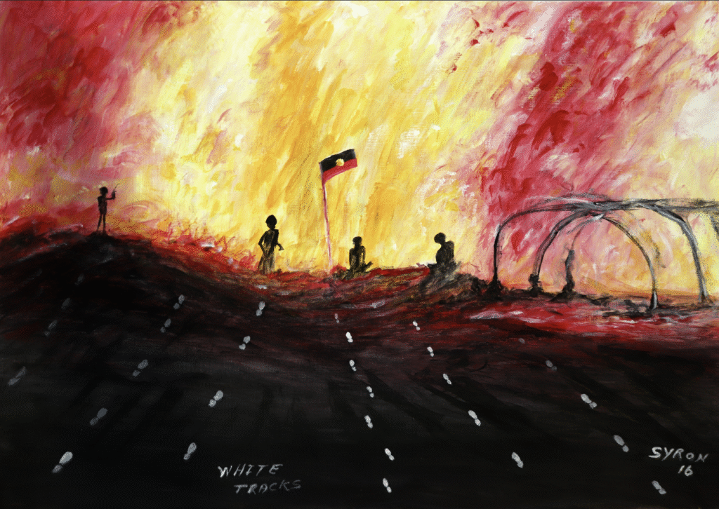 Silhouetted figures atop a dark hill stand against a fiery sky of yellows, oranges and reds; a German flag on a pole rises near the center with a curved metal structure to the right and a road with white dashed markings in the foreground.