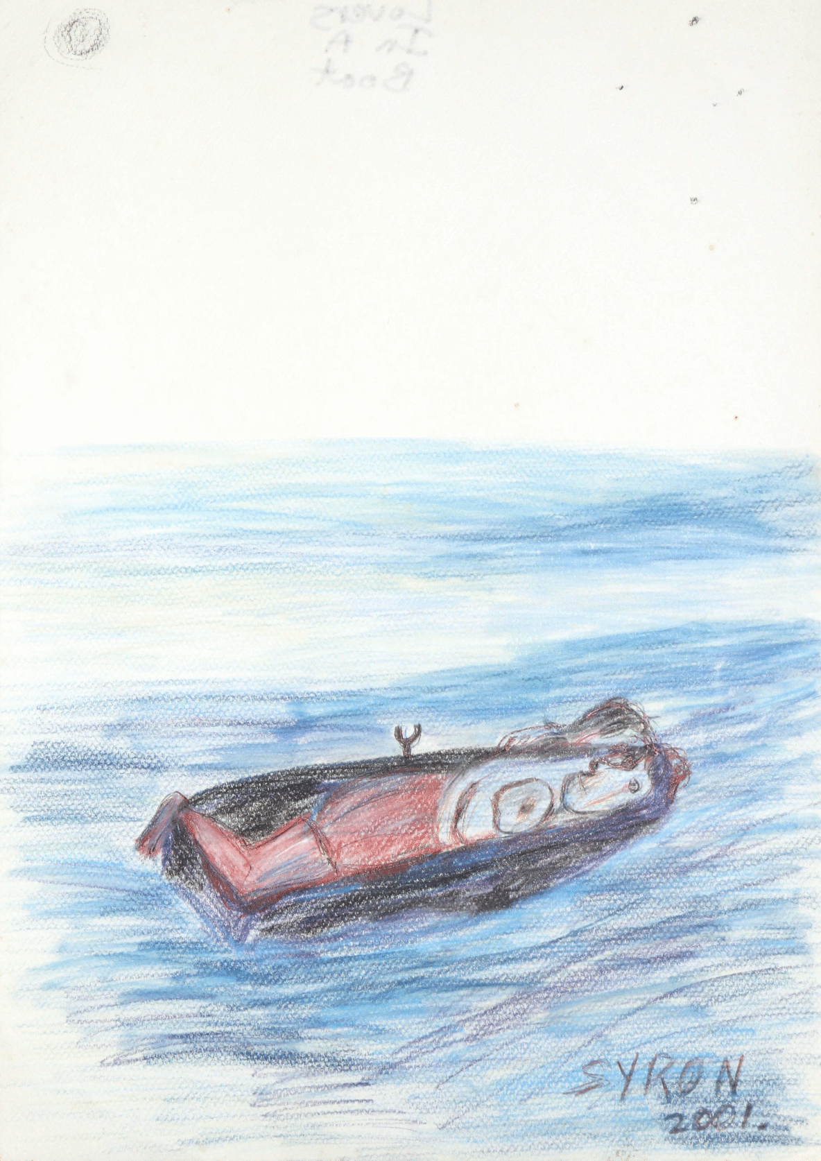 Red kayak or boat with a person lying inside, floating on blue water with pale sky above; signature 'SYKON 2021' at bottom right.
